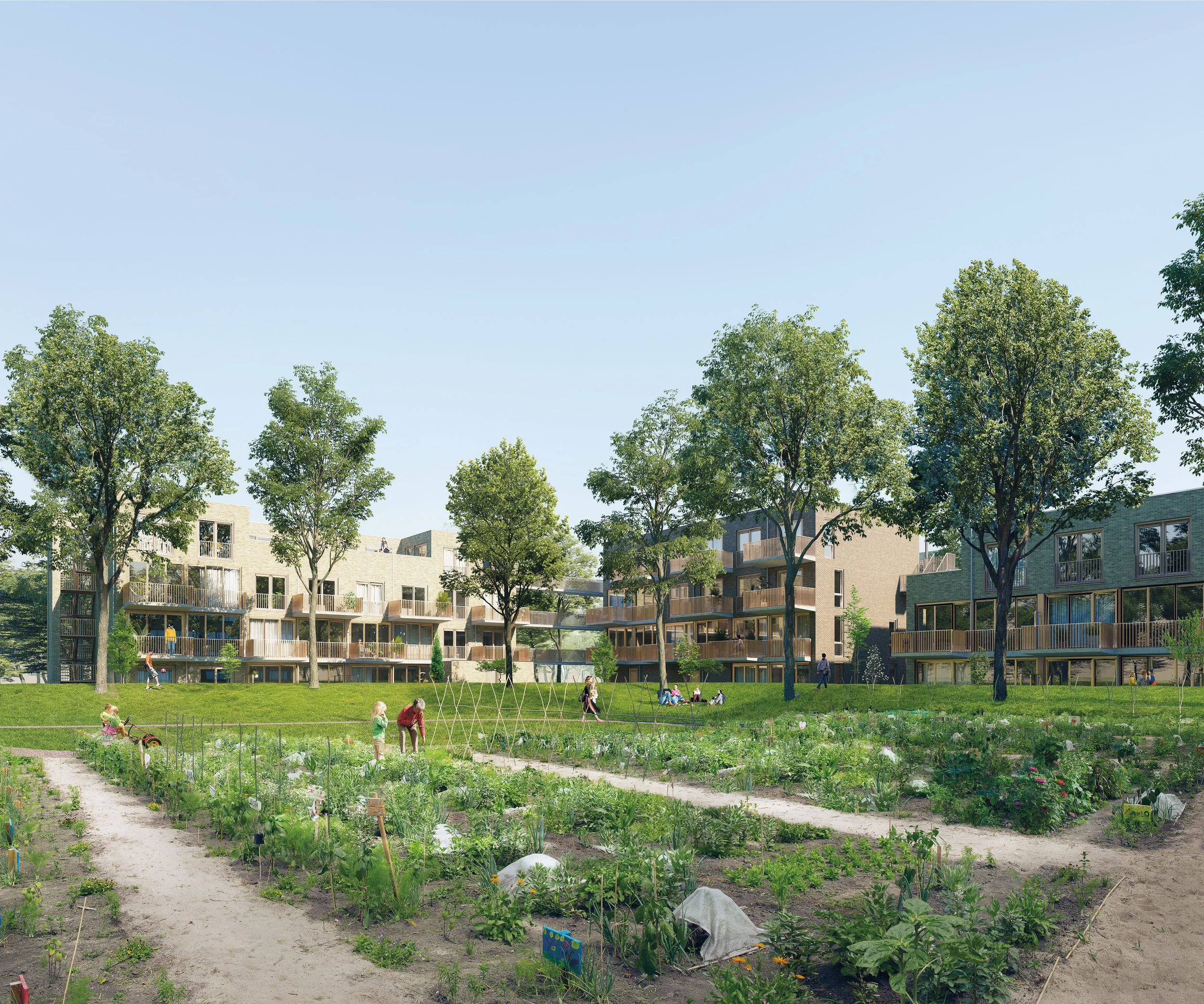 Moderne wooncomplexen met groene tuinen en speelplaatsen, kinderen spelen op een park met bomen en een moestuin, onder een heldere blauwe hemel.