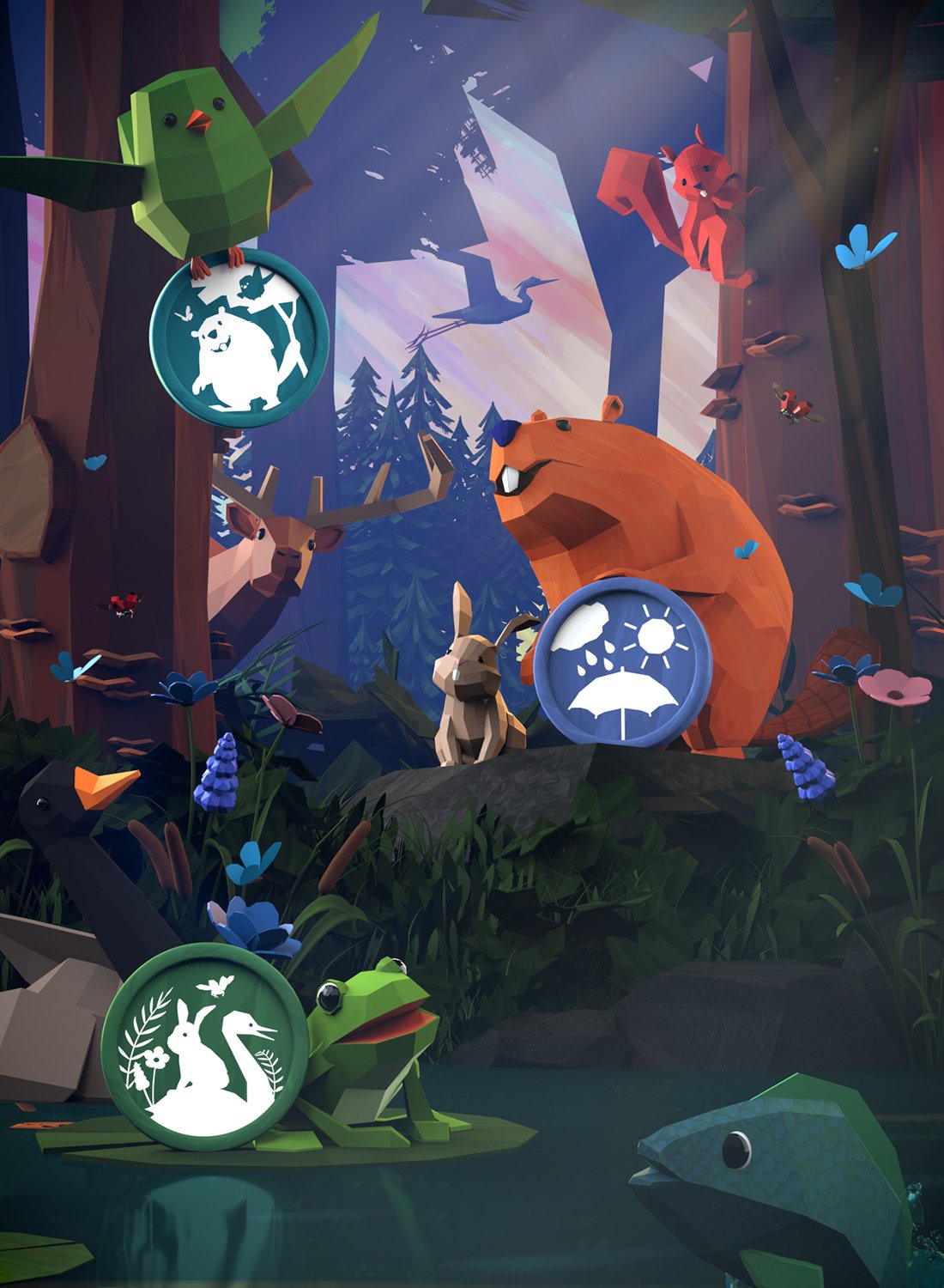 Een illustratie van een bos met diverse dieren en vier seizoenssymbolen in ronde iconen.