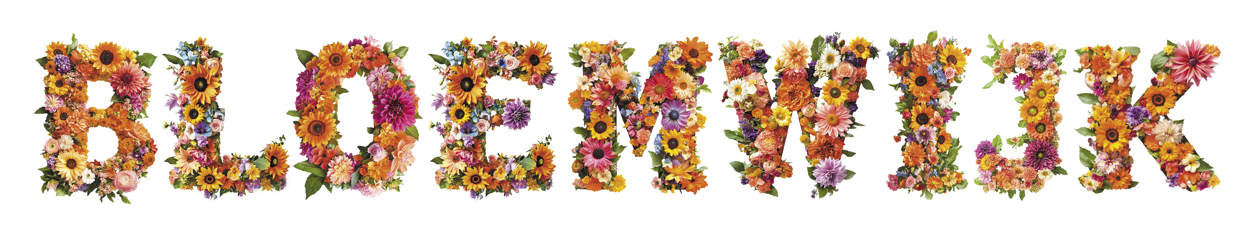 De naam 'RELAX' geschreven met bloemen van verschillende soorten en kleuren.