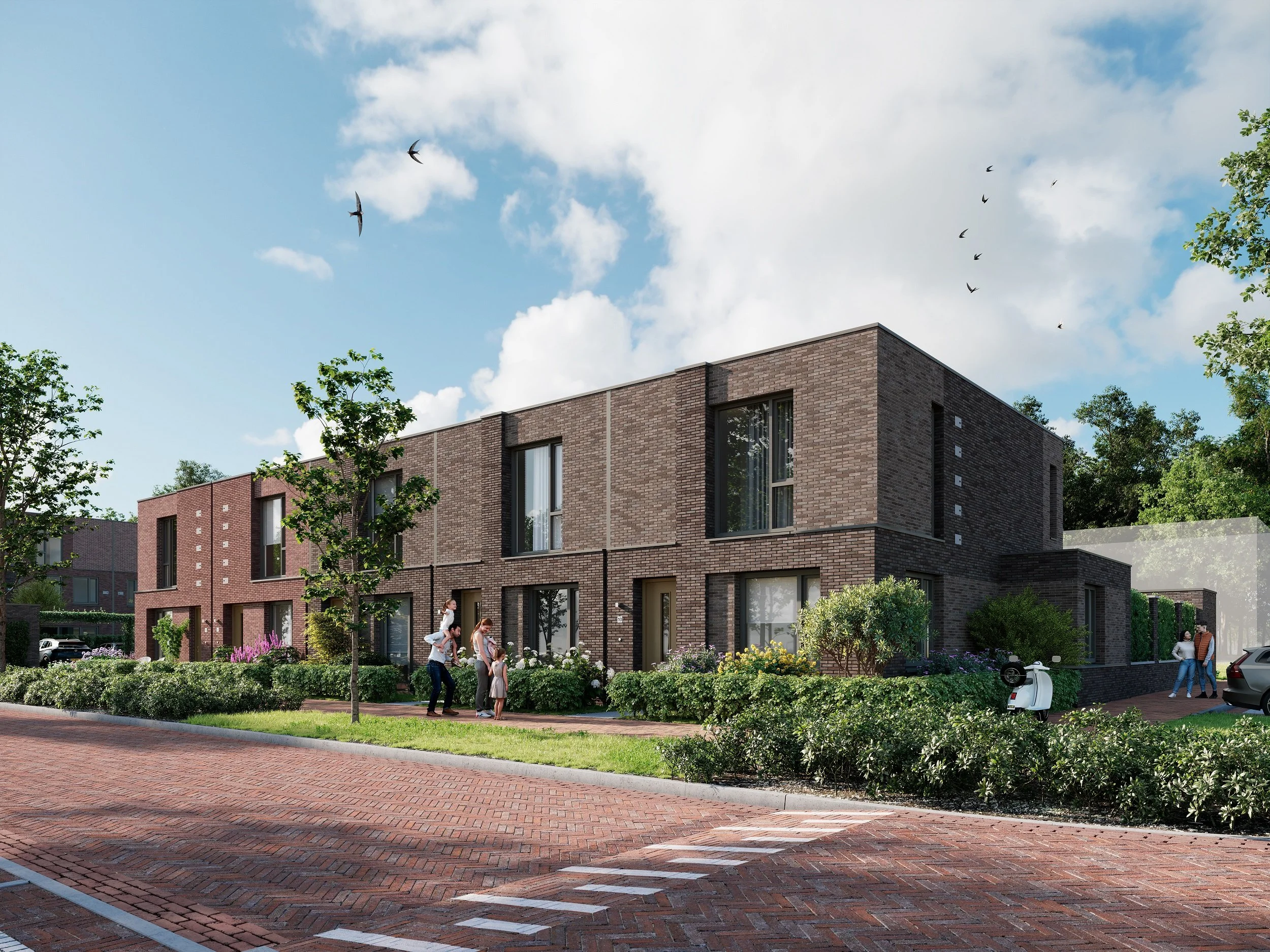 Gezien een modern wooncomplex met meerdere verdiepingen, een parkeerplaats en mensen die wandelen en converseren, met een blauwe lucht en vogels die vliegen.