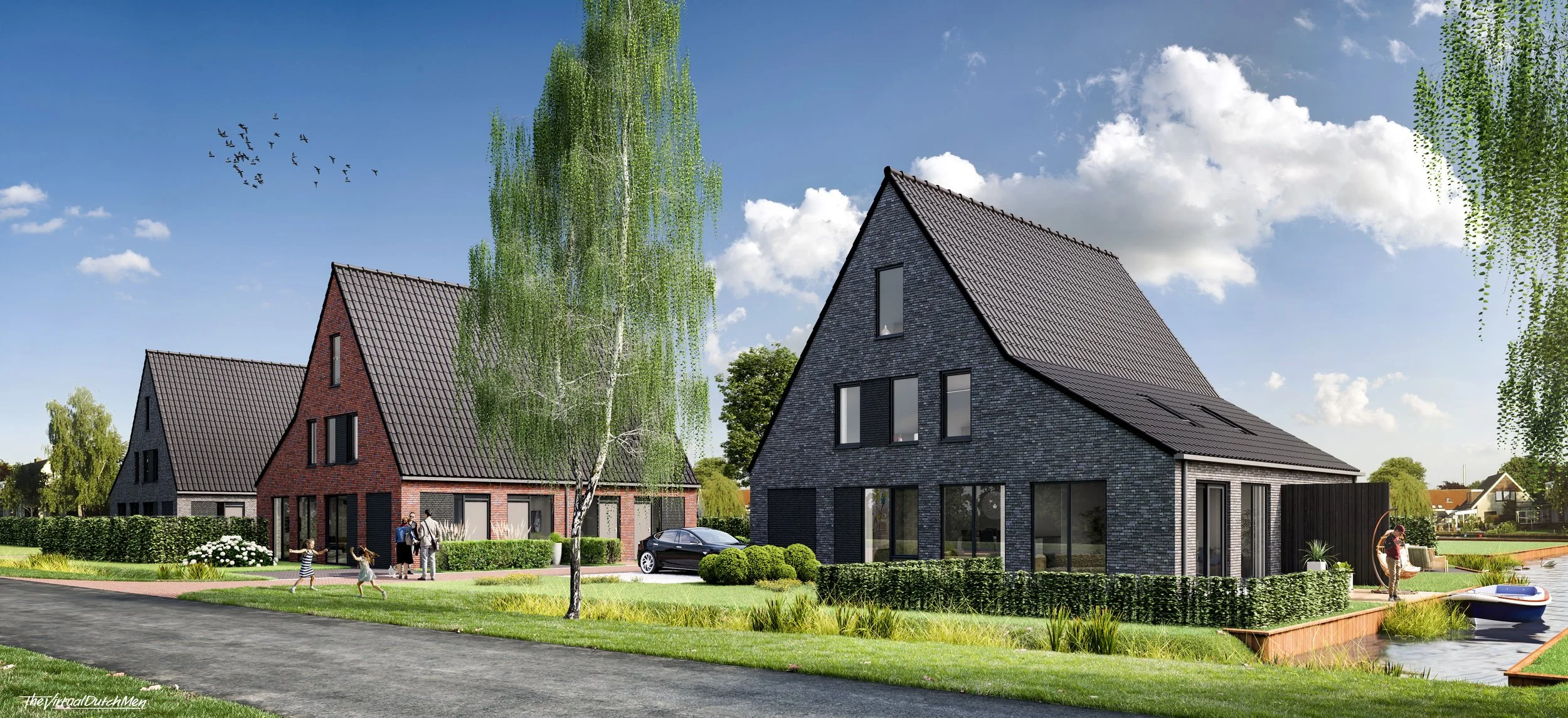 Drie moderne huizen met een grasveld en bomen, een kind dat rent en een volwassene die wandelt langs een waterkant in een rustige woonwijk.