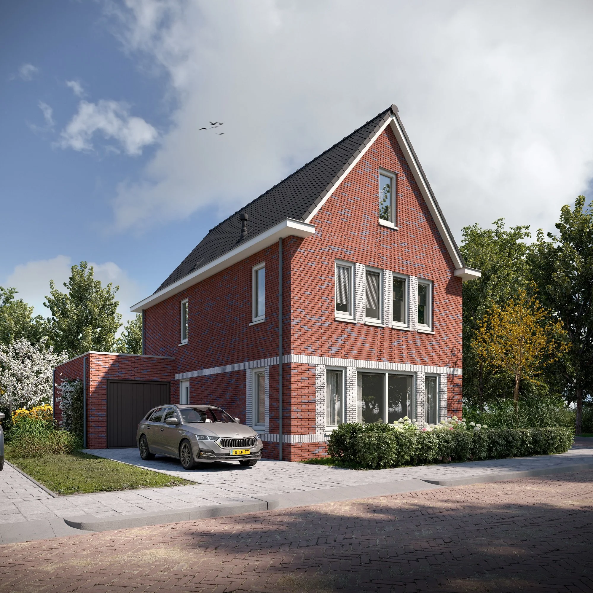 Een modern, drie verdiepingen tellend huis met een rood bakstenen gevel, een zwarte pannendak en witte raamkozijnen, met een auto geparkeerd voor de garage onder een heldere blauwe lucht met enkele wolken en vliegende vogels, en omgeven door groen bomen en struiken.