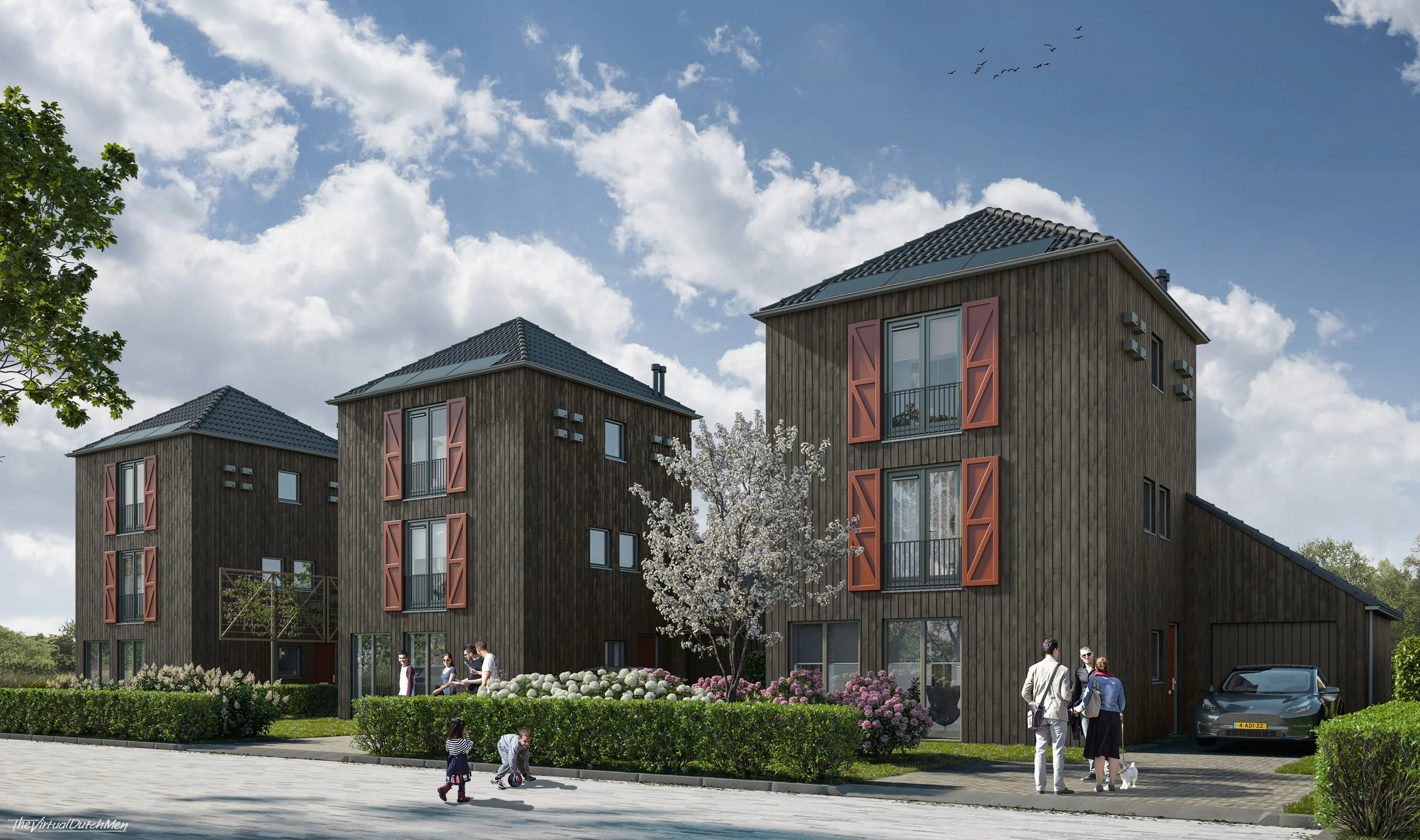 Drie moderne houten appartementencomplexen met rood gekleurde luiken, een bloeiende boom en mensen die buiten praten en spelen.