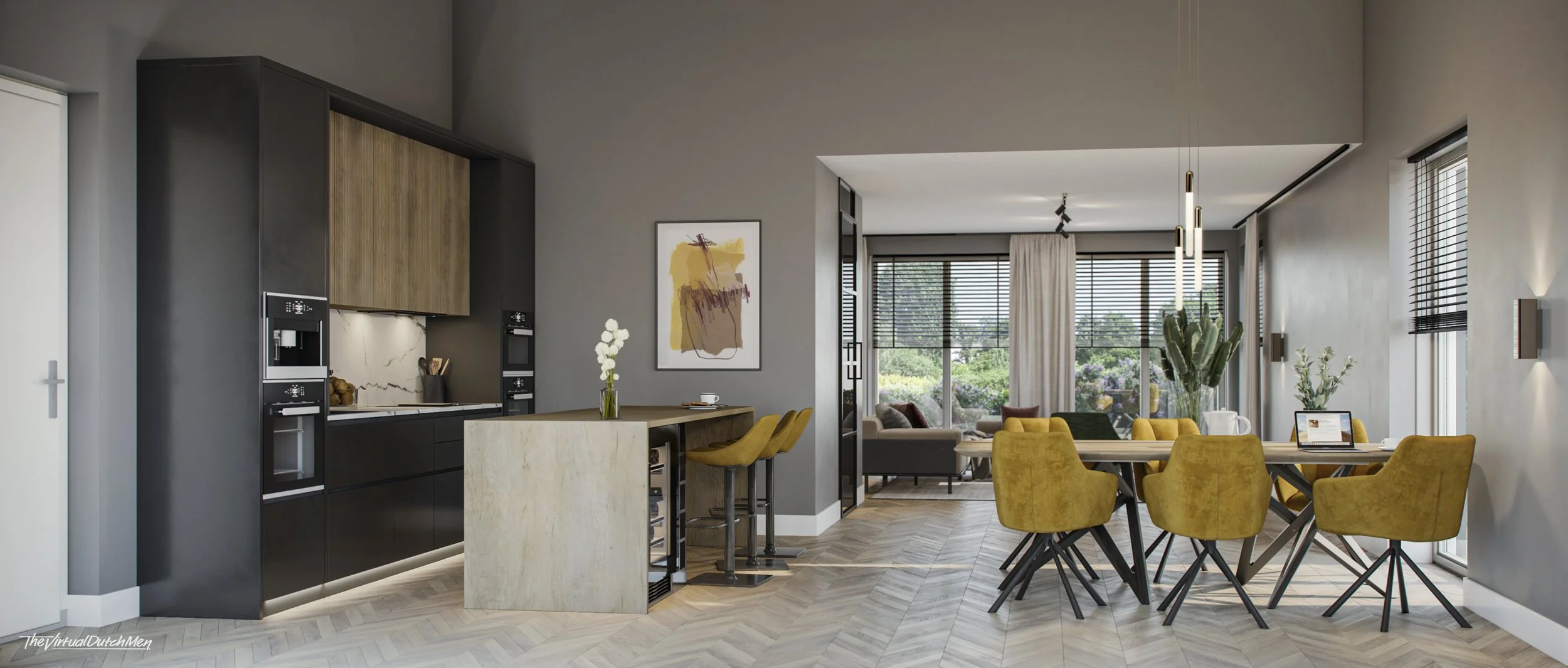 Een moderne open keuken en eetkamer met gele stoelen, grote ramen met rolluiken, planten en een zithoek zichtbaar op de achtergrond.