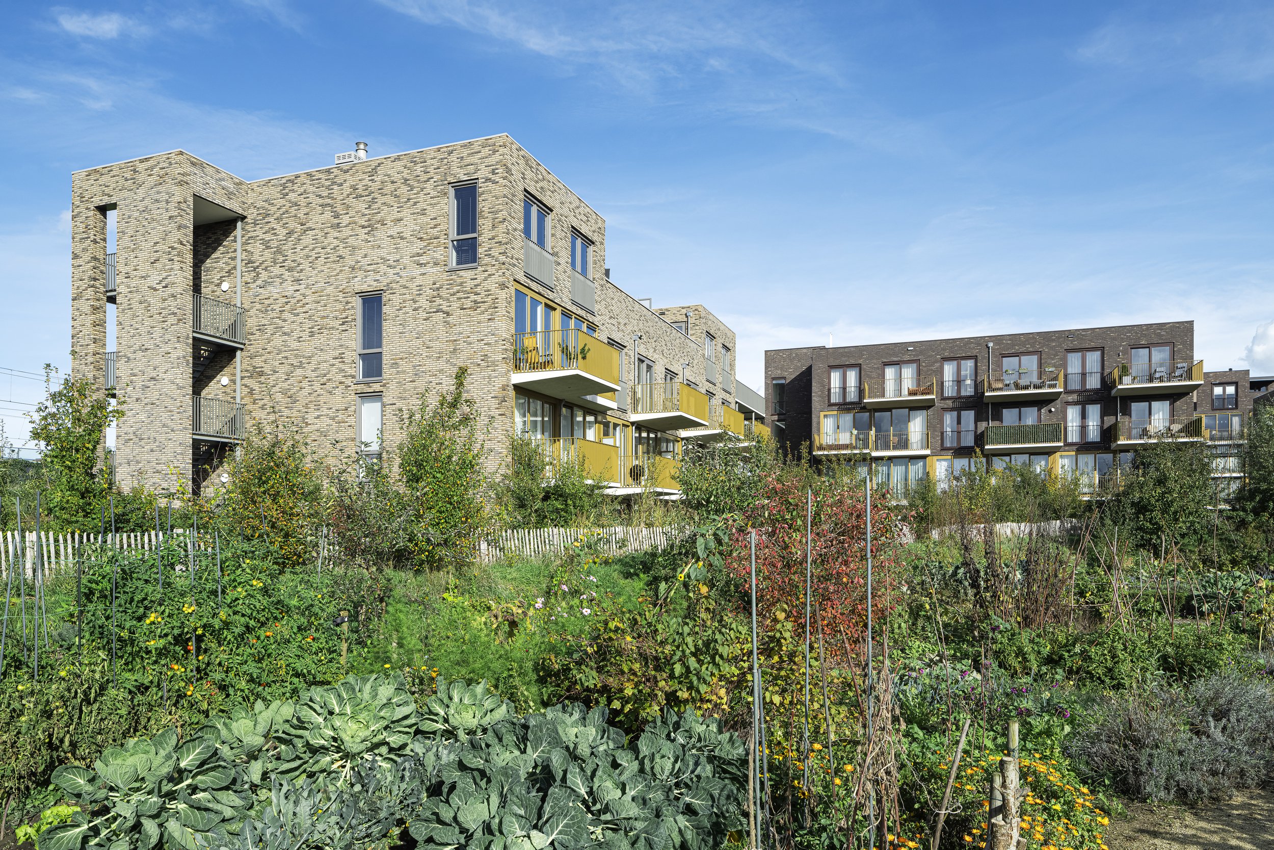 Moderne appartementencomplexen met balkons aan de bovenverdieping, gelegen achter een tuin met groente en struiken.