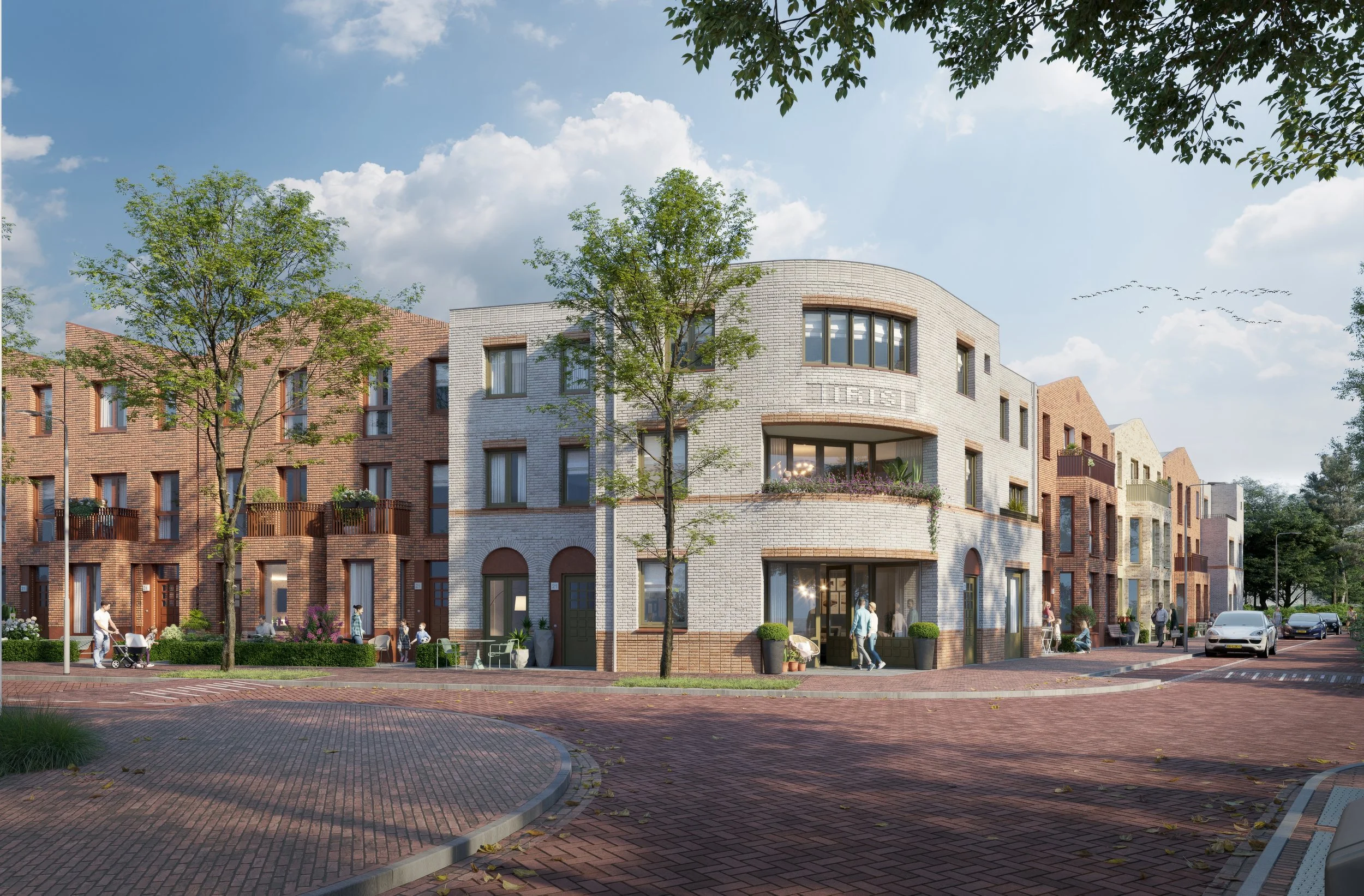 Moderne appartementengebouw met winkels op de begane grond, mensen wandelen en zitten buiten, auto's op de straat, bomen en een blauwe lucht met wolken.