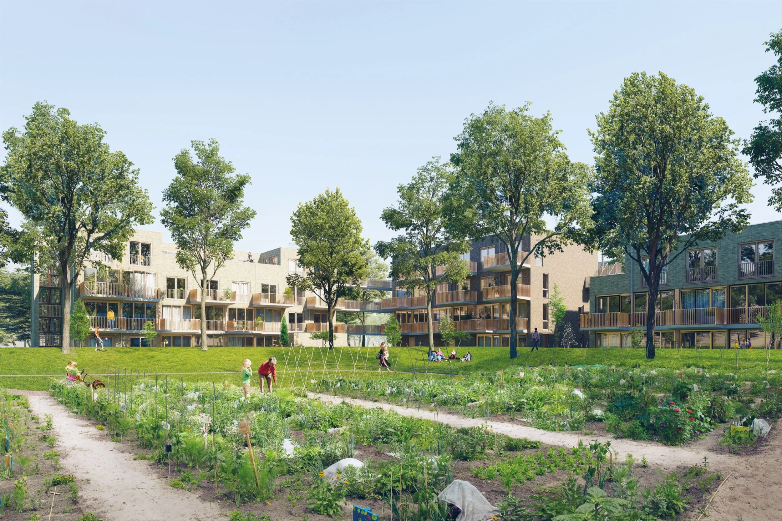 Een modern appartementencomplex met een tuin en speeltuin op de voorgrond. Mensen, waaronder kinderen, genieten van de tuin, terwijl in de achtergrond groene bomen en een heldere blauwe lucht te zien zijn.