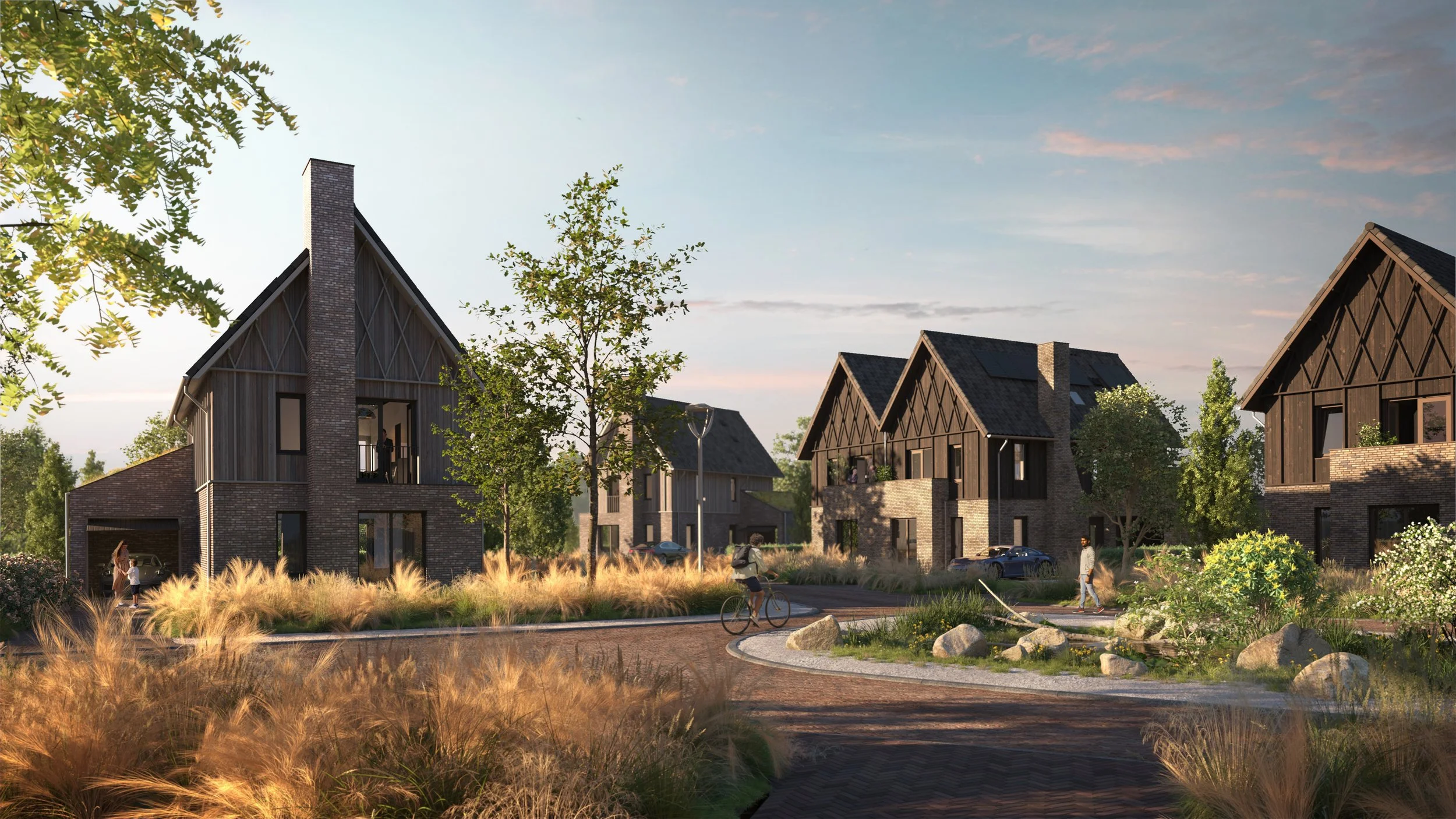 Een moderne buurt met houten huizen en groene landschap, mensen fietsen en wandelen in de avondlicht.