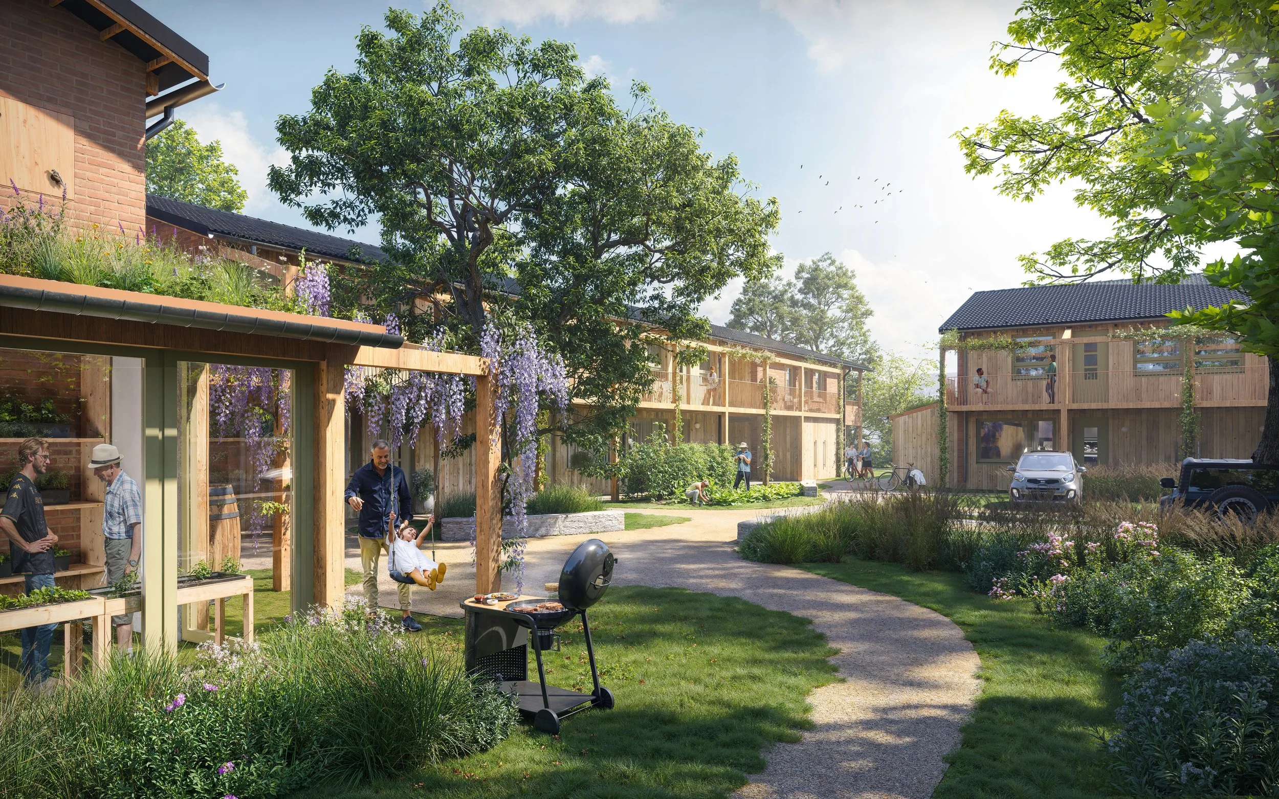 Leuk binnenplaats met mensen die genieten, grill, planten en moderne houten gebouwen.