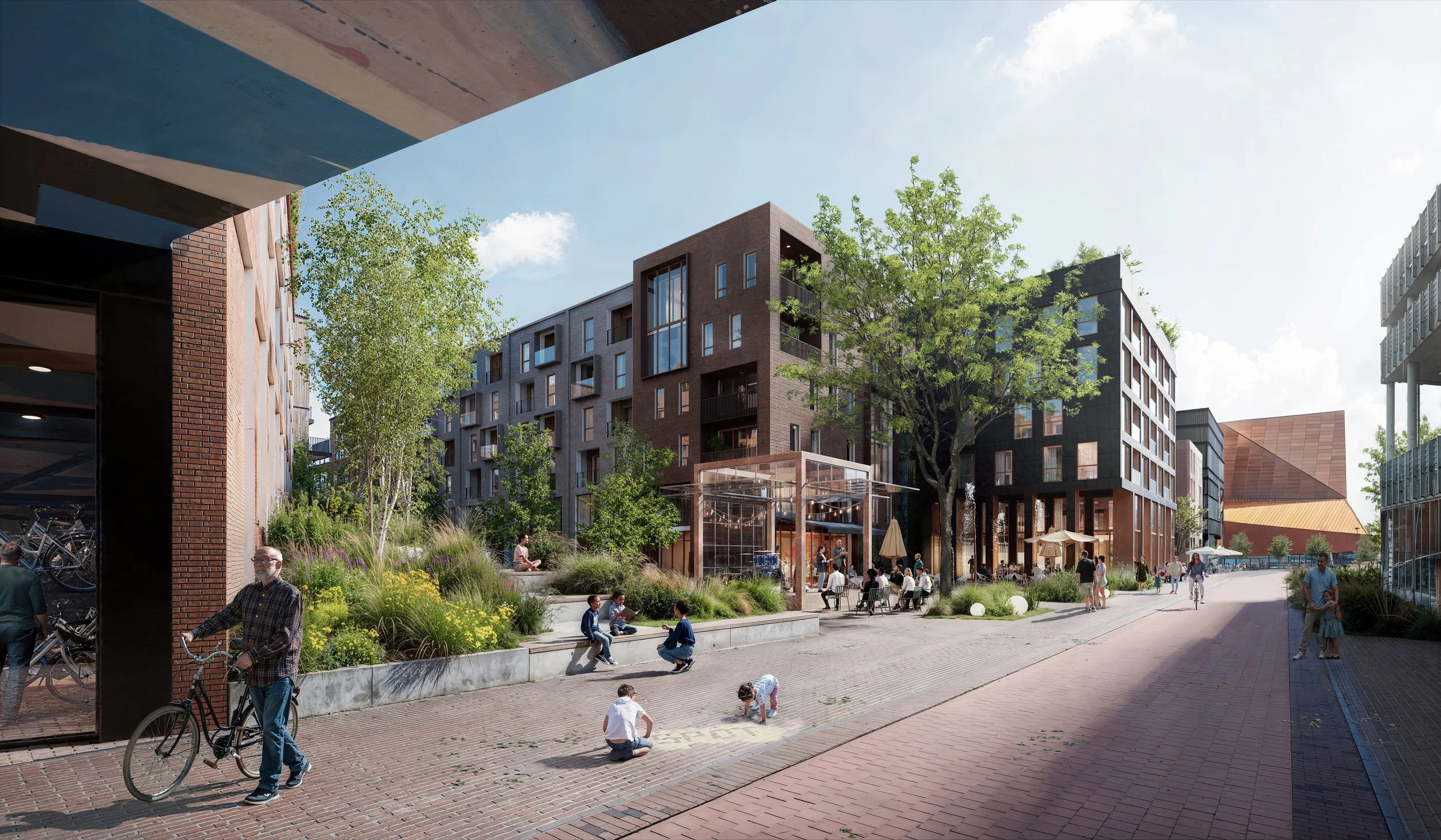 Een moderne woonwijk met appartementen, groenvoorzieningen, een terras met zitplaatsen en mensen die wandelen, fietsen en spelen.