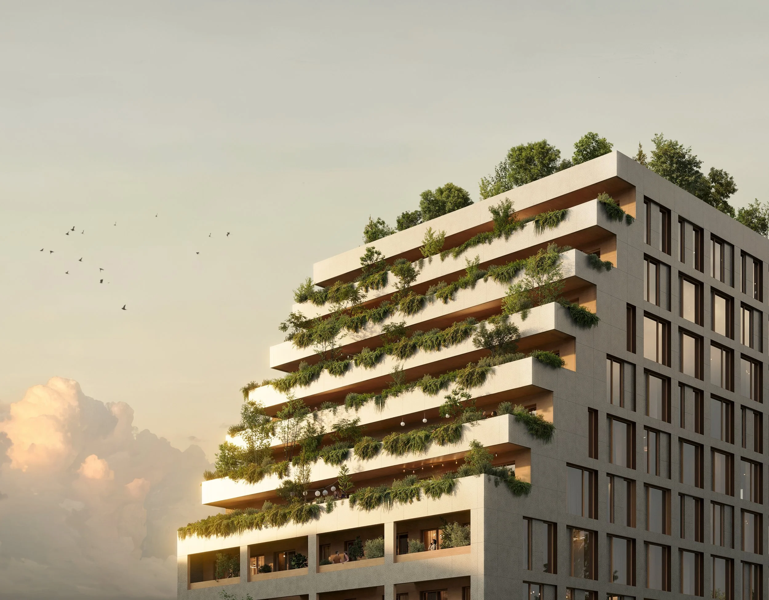 Modern gebouw met veel groen op de balkons en bovenaan.