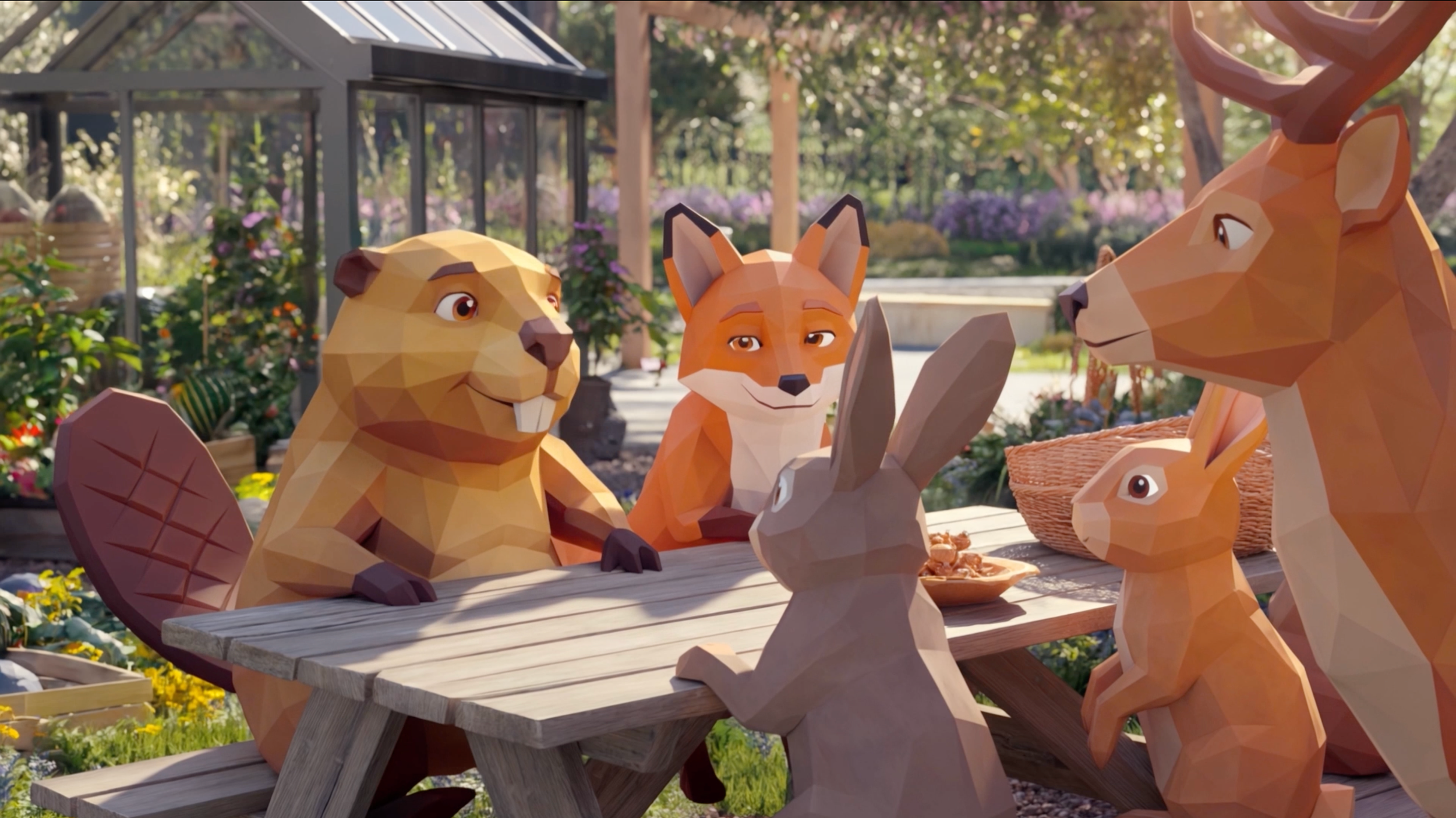 Houten dierenbeelden van een eekhoorn, vos, konijn, huiskat, hert en kleintjes op een tuin tafel, in een tuin met bloemen en een kas op de achtergrond.