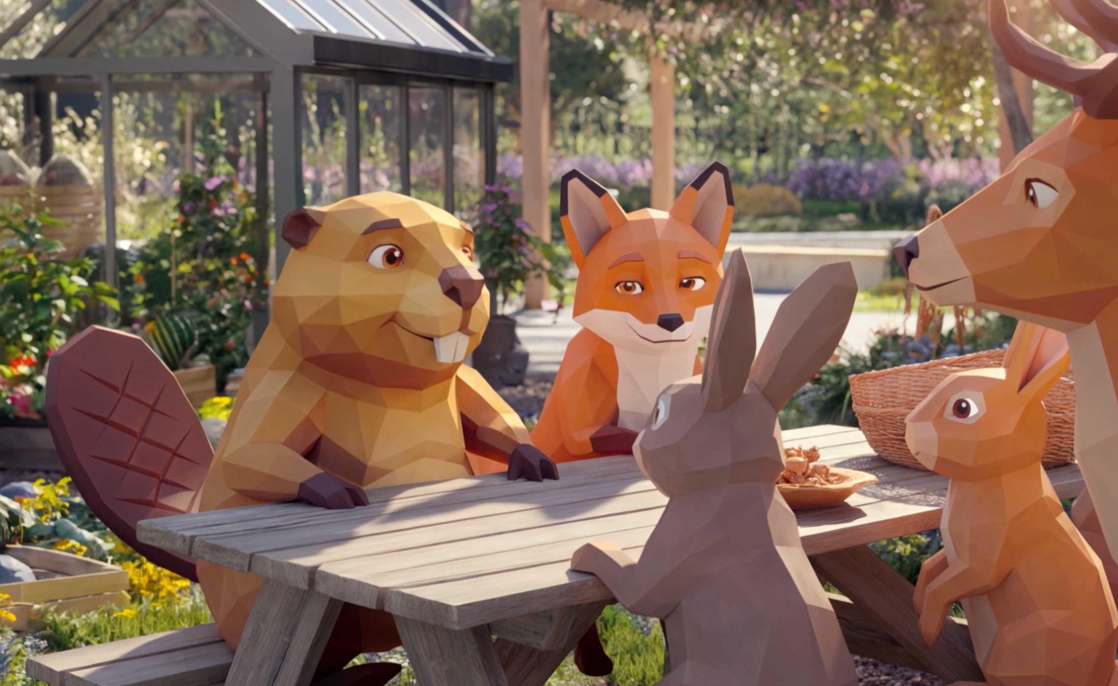 Houten dieren Figuren van een eekhoorn, vos, konijn, hert en muis zitten rondom een picknicktafel in een tuin met bloemen en een kas op de achtergrond.
