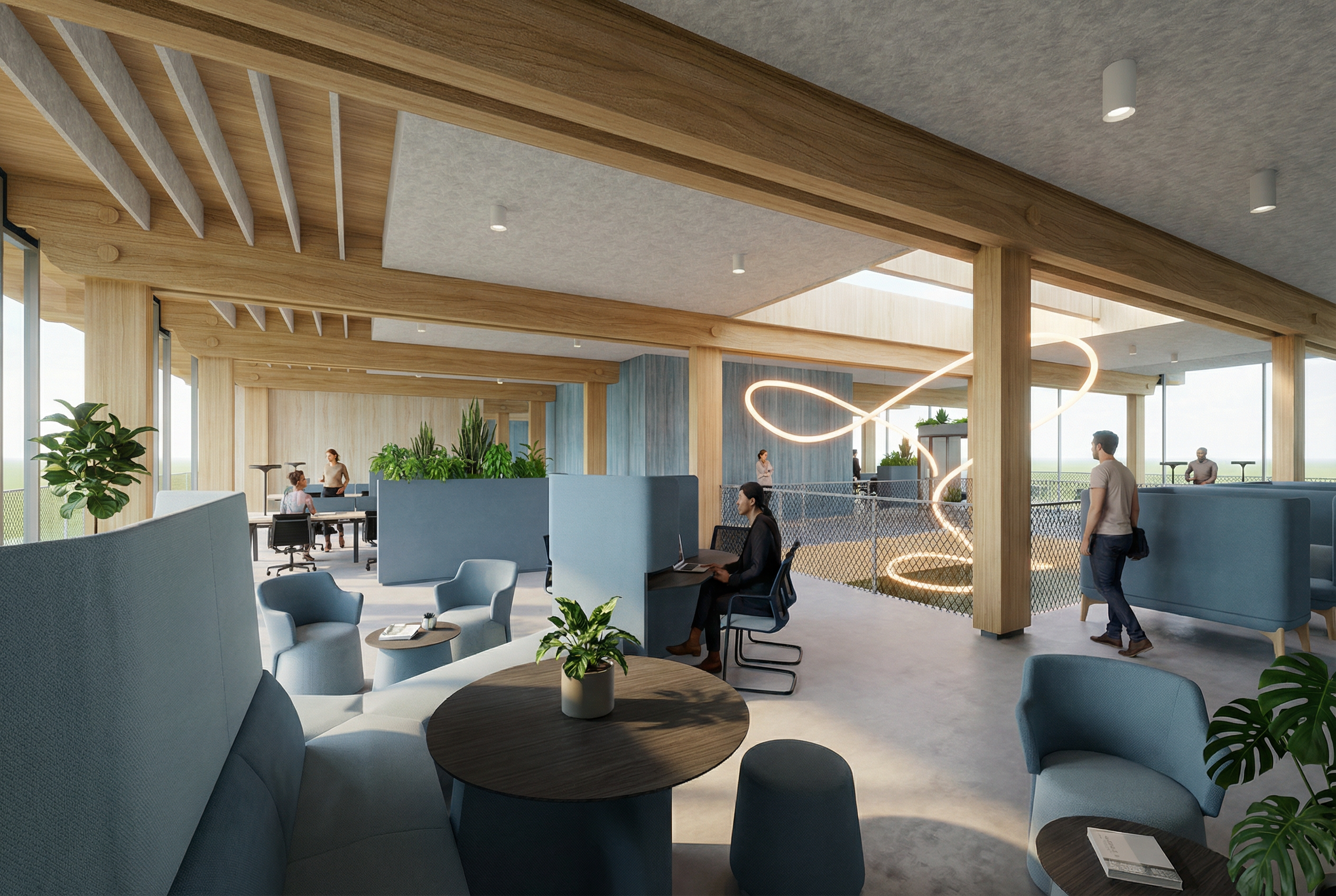 Modern kantoorruimte met gemeenschappelijke zitplaatsen, planten, houten plafond en grote ramen met uitzicht. Mensen werken en bewegen in de ruimte, met opvallende verlichting en een open, lichte stijl.