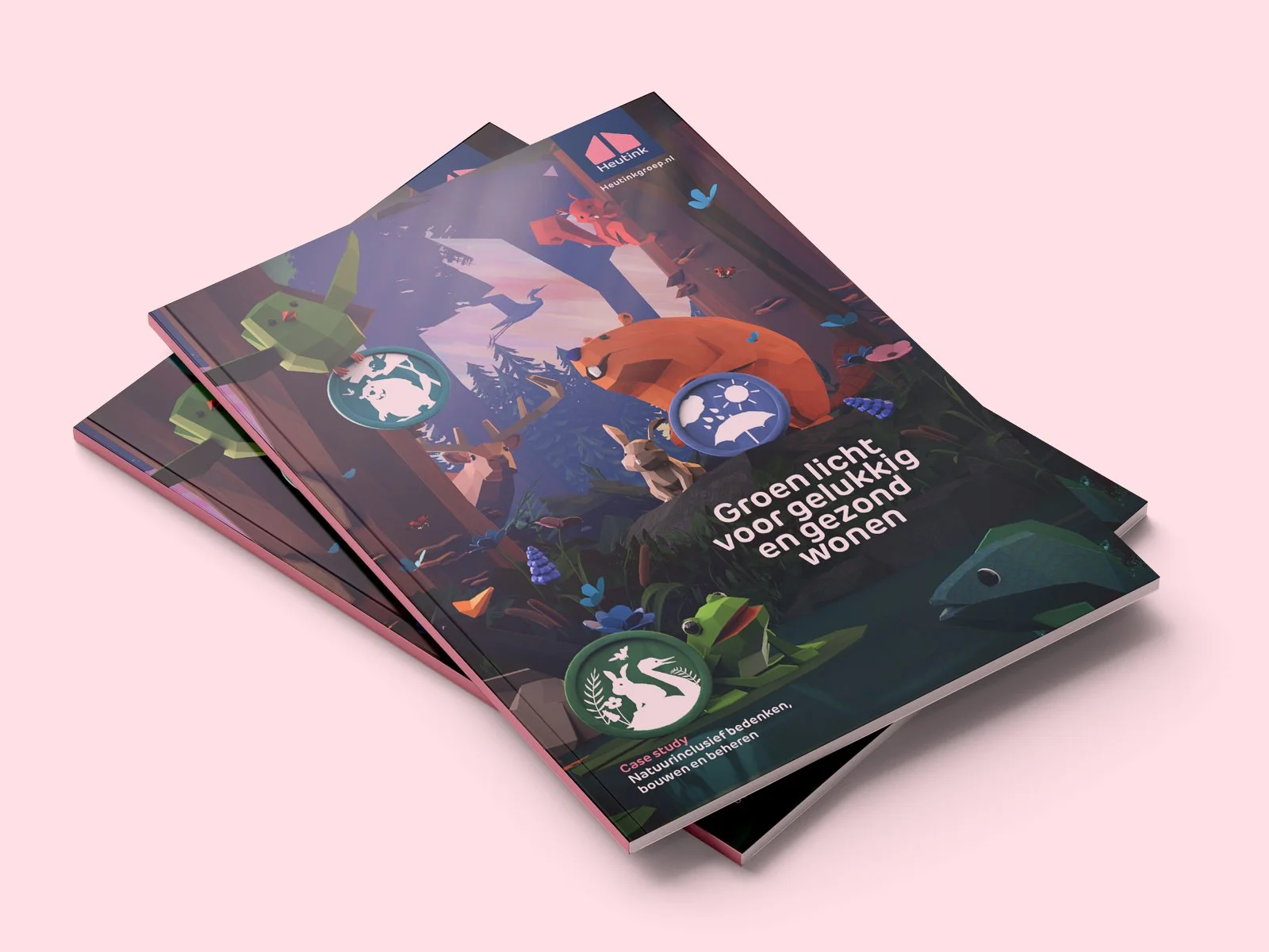 Brochure over groen licht voor gelukkig en gezond wonen met illustraties van dieren en natuur.