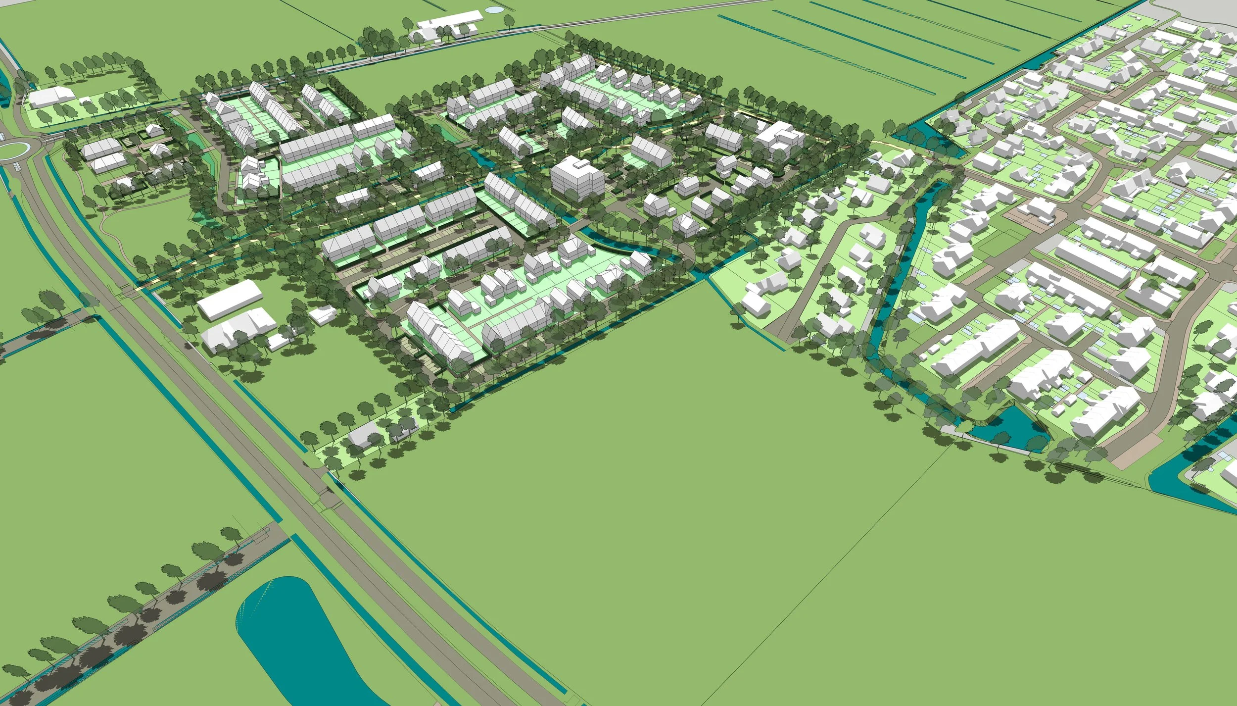 Een digitale plattegrond van een woonwijk met wegen, huizen, groenvoorzieningen en waterpartijen.
