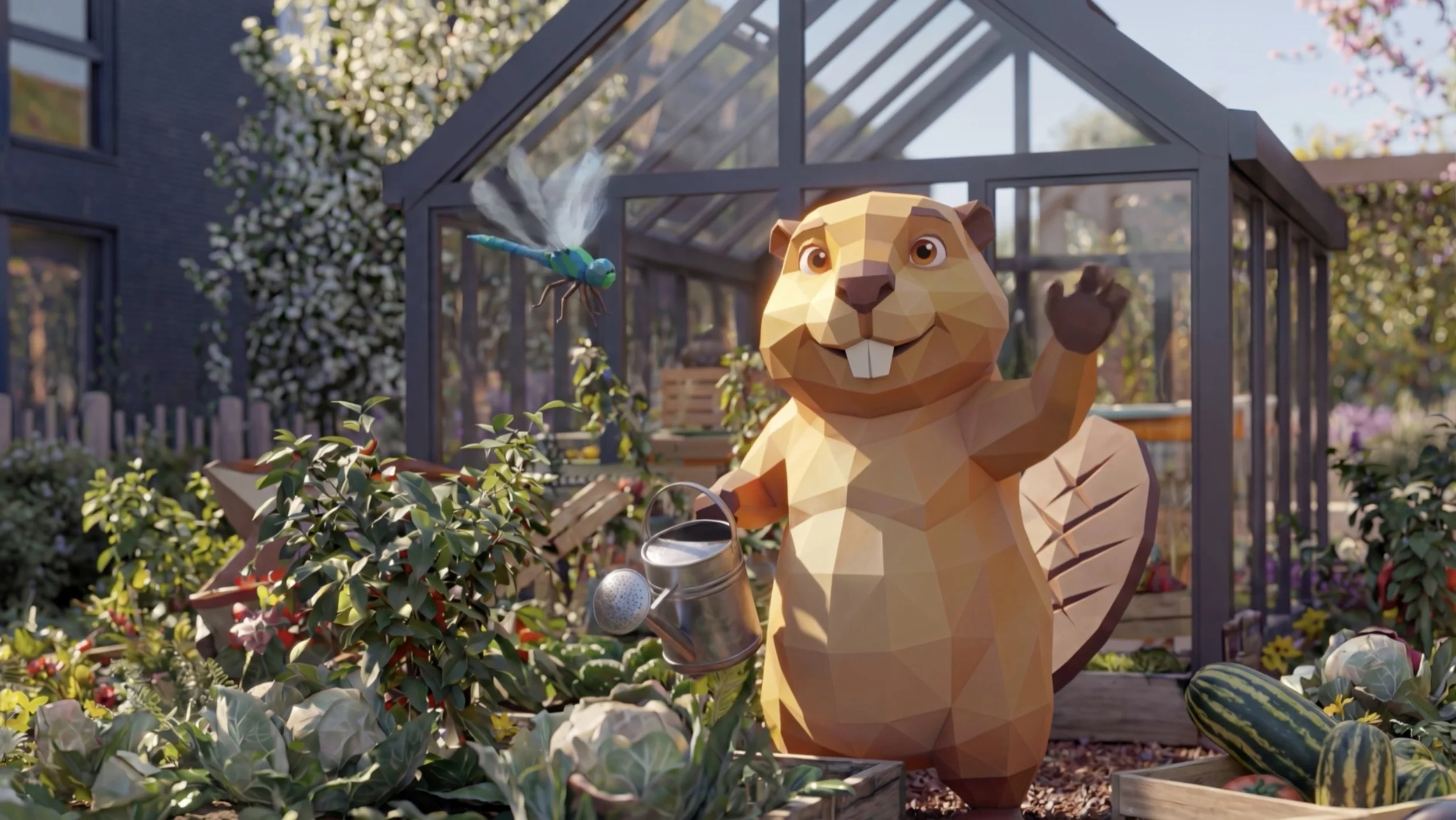 Een geanimeerde tuin die uit een geometrisch gestileerde heldere gele bever en een huishoudelijke watermolen bestaat, met een geanimeerde bij die erop vliegt. Er is een kas op de achtergrond, omgeven door kleurrijke bloemen en watermeloenen.