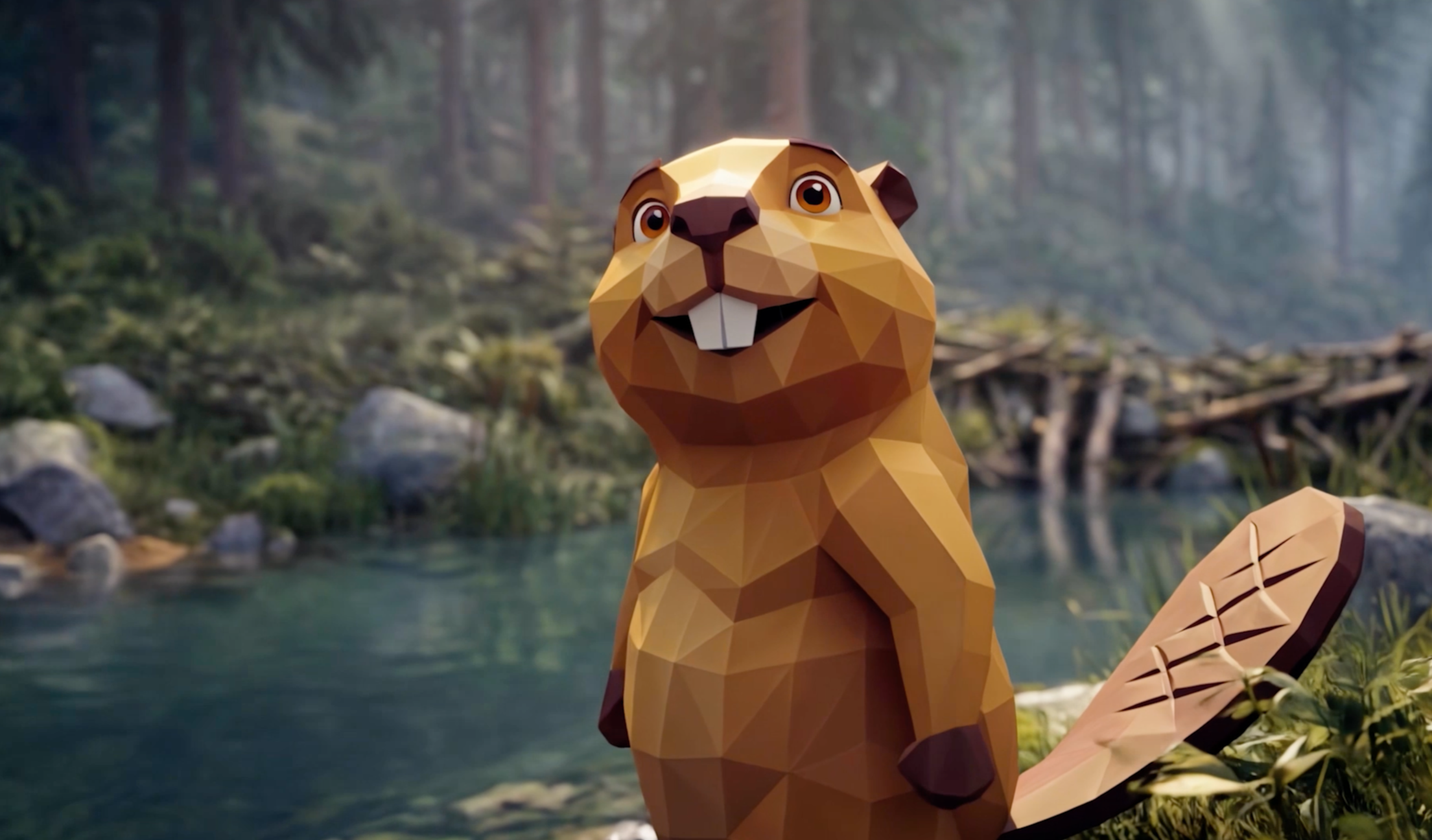 Een cartoon-achtige bewerkte afbeelding van een op een eekhoorn gelijkend dier met grote ogen en een grote glimlach, staande voor een bos- en meerlandschap.