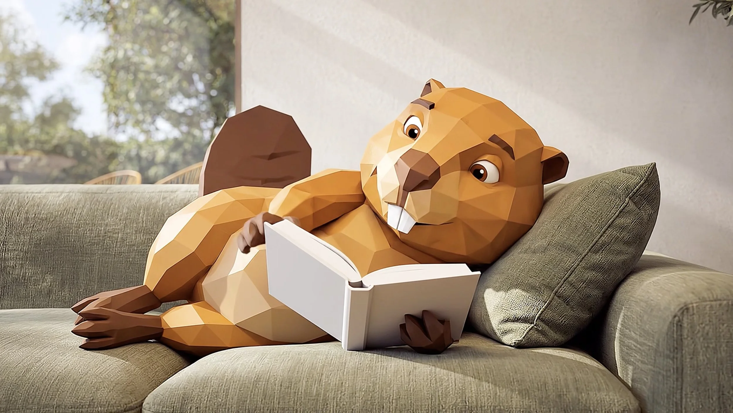 Een cartoon-achtige otter met een geometrisch design ligt op een bank, leest een wit boek en rust op een kussen.