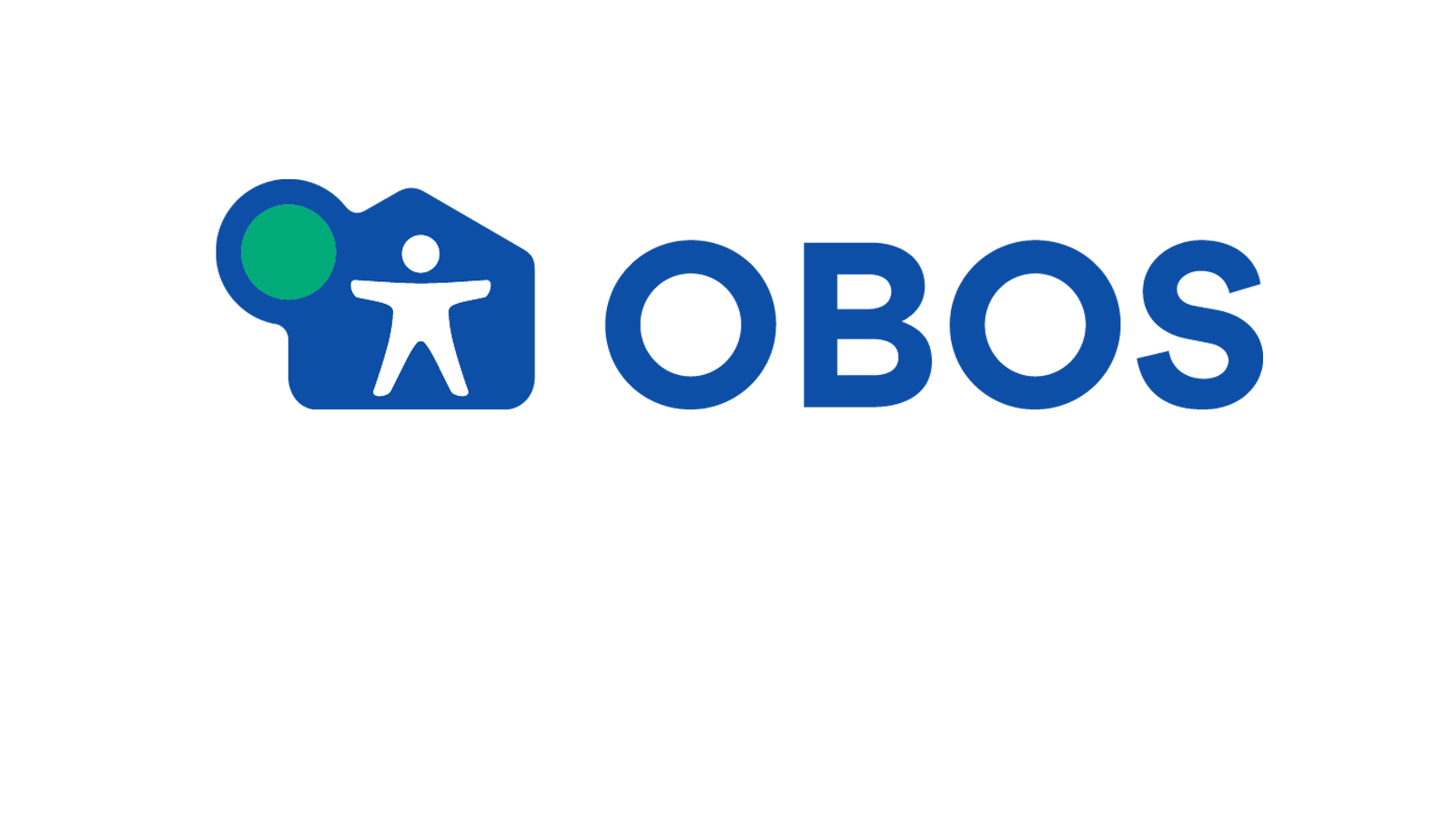 Logo for OBOS, en boligbyggelag, med en blå figur av en person innenfor en hus-aktig form og teksten "OBOS" skrevet i blått.