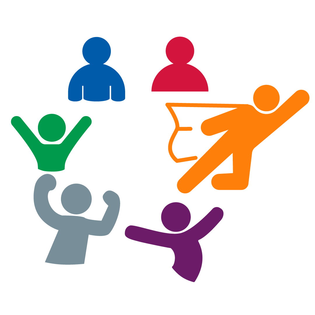 Illustration of a person with outstretched arms jumping, surrounded by five colorful people icons in blue, red, green, purple, and gray. The jumpers and people icons are depicted in various poses, representing diversity and activity.