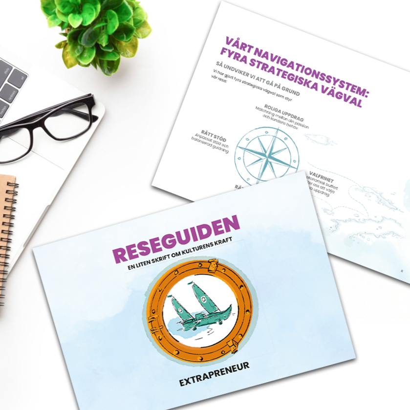 Two books with Swedish titles, one titled 'Reseguide,' featuring a cartoon airplane flying through a coin, and the other titled 'Vårt Navigationssystem,' on a white desk along with glasses, a notebook, and a keyboard.