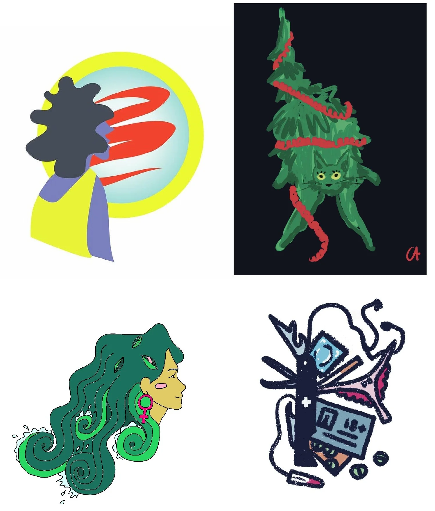 Four illustrations. 1. Representation of women in elections, where I used the voting balot as a mirror - digital  Leidsch Dagblad (2022)

2. Cat as a christmas tree - digital - personal work (2026)

3. Eocfeminism, for my thesis. Here i used the hair