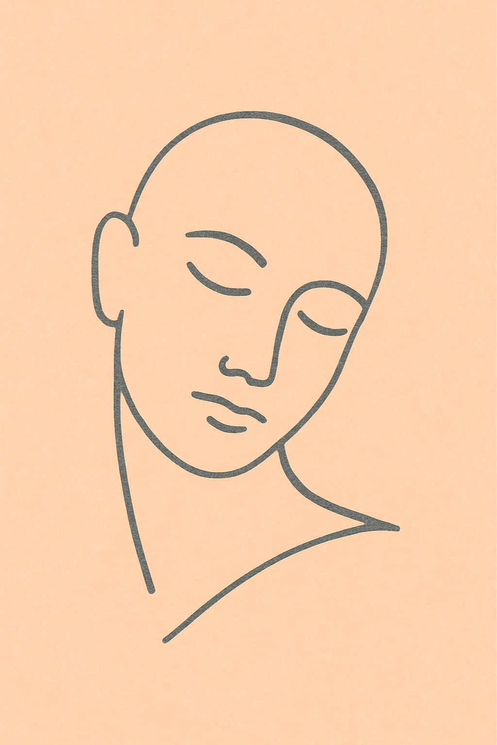 Linienzeichnung eines ruhenden, nachdenklichen Menschengesichts auf peachfarbenem Hintergrund.