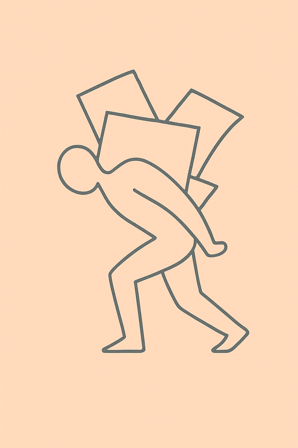 Eine minimalistische Illustration eines Menschen, der eine Person trägt. Der Stil ist einfach mit schwarzen Linien auf einem hellen Hintergrund.