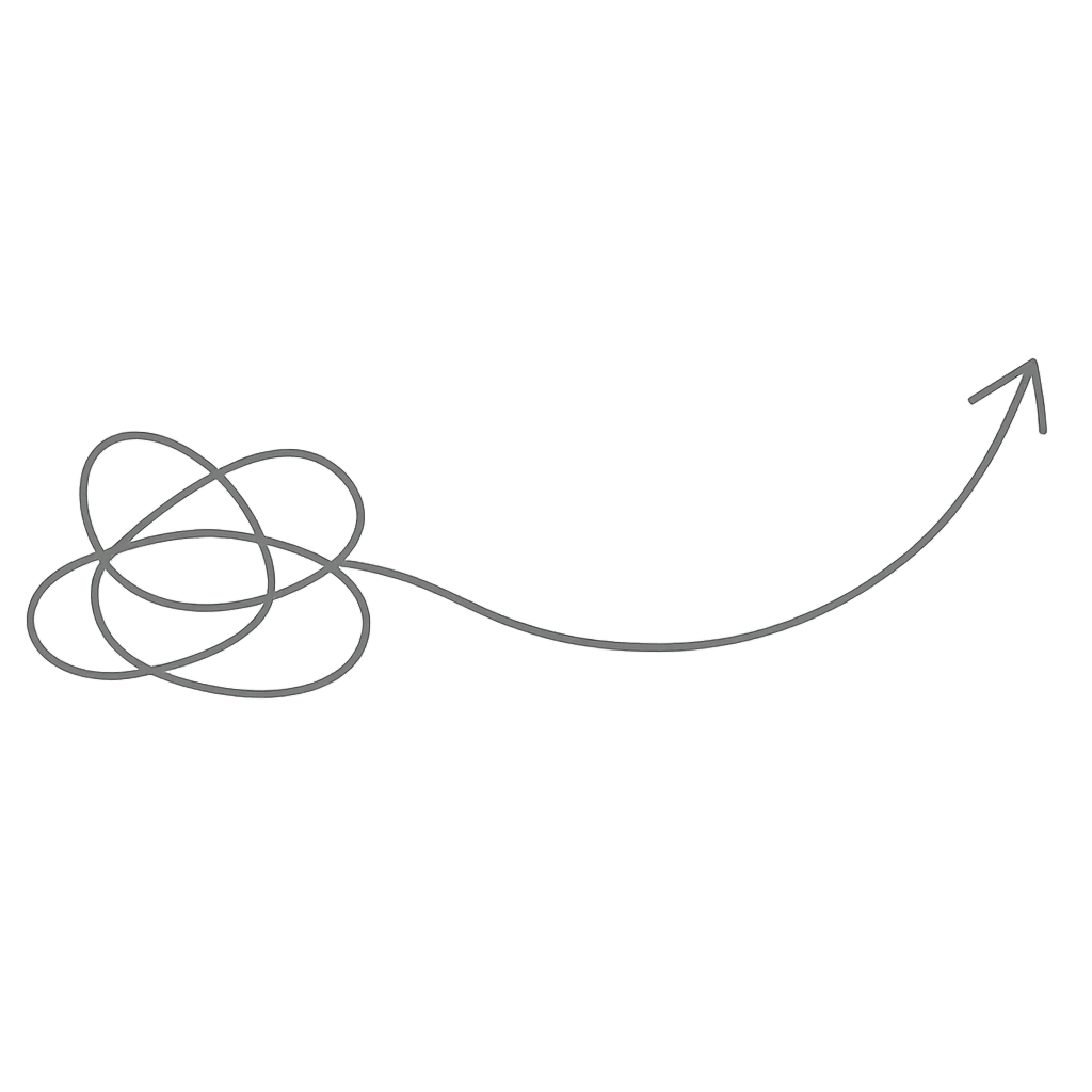 Ein Diagramm mit einer chaotischen Linie, die in einer Kurve endet, symbolisiert den Weg vom Durcheinander zum Erfolg.