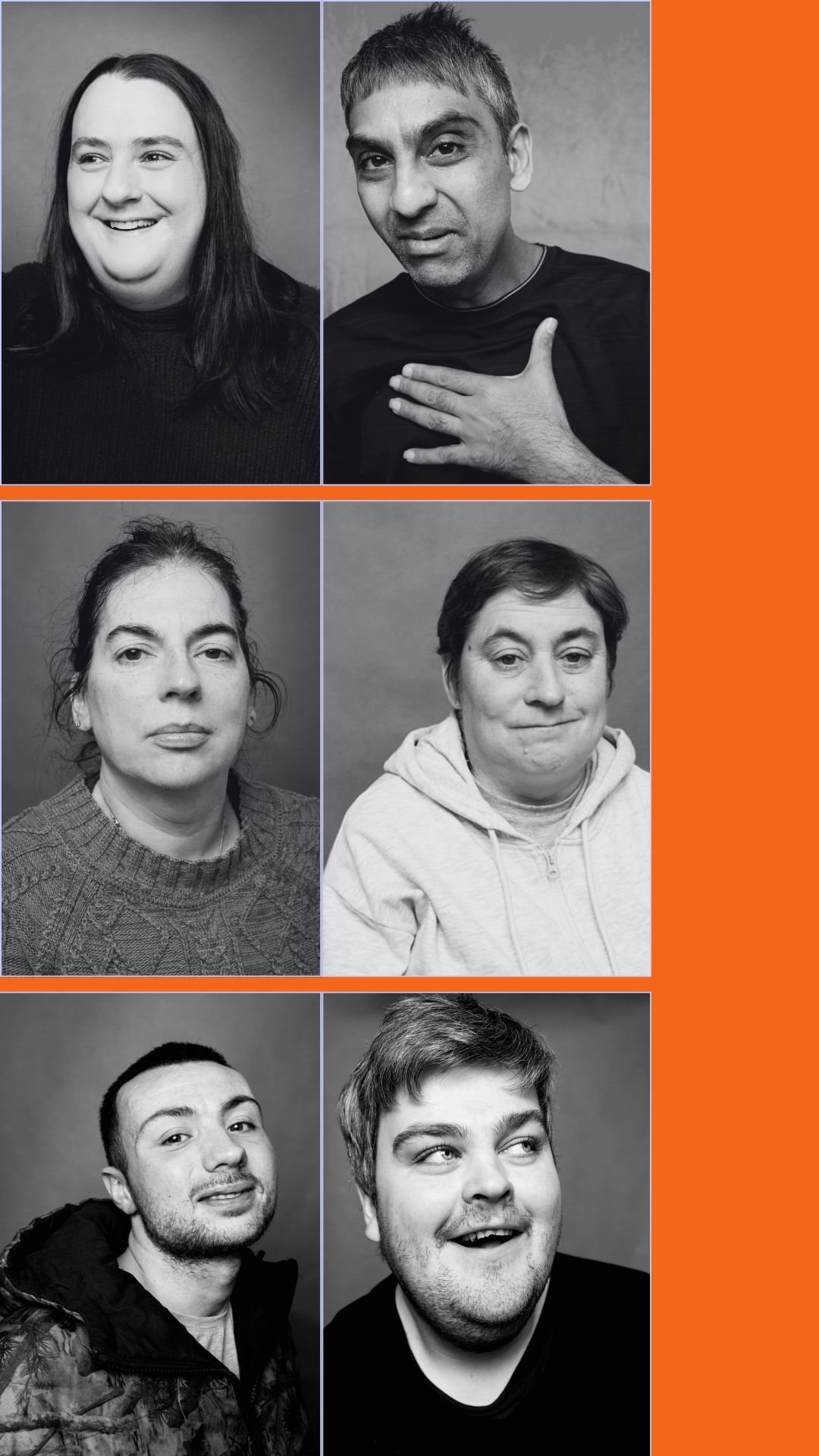 Collage of six black-and-white portrait photos of diverse men and women, arranged in three rows and two columns. Each image features a different person with varying facial expressions.