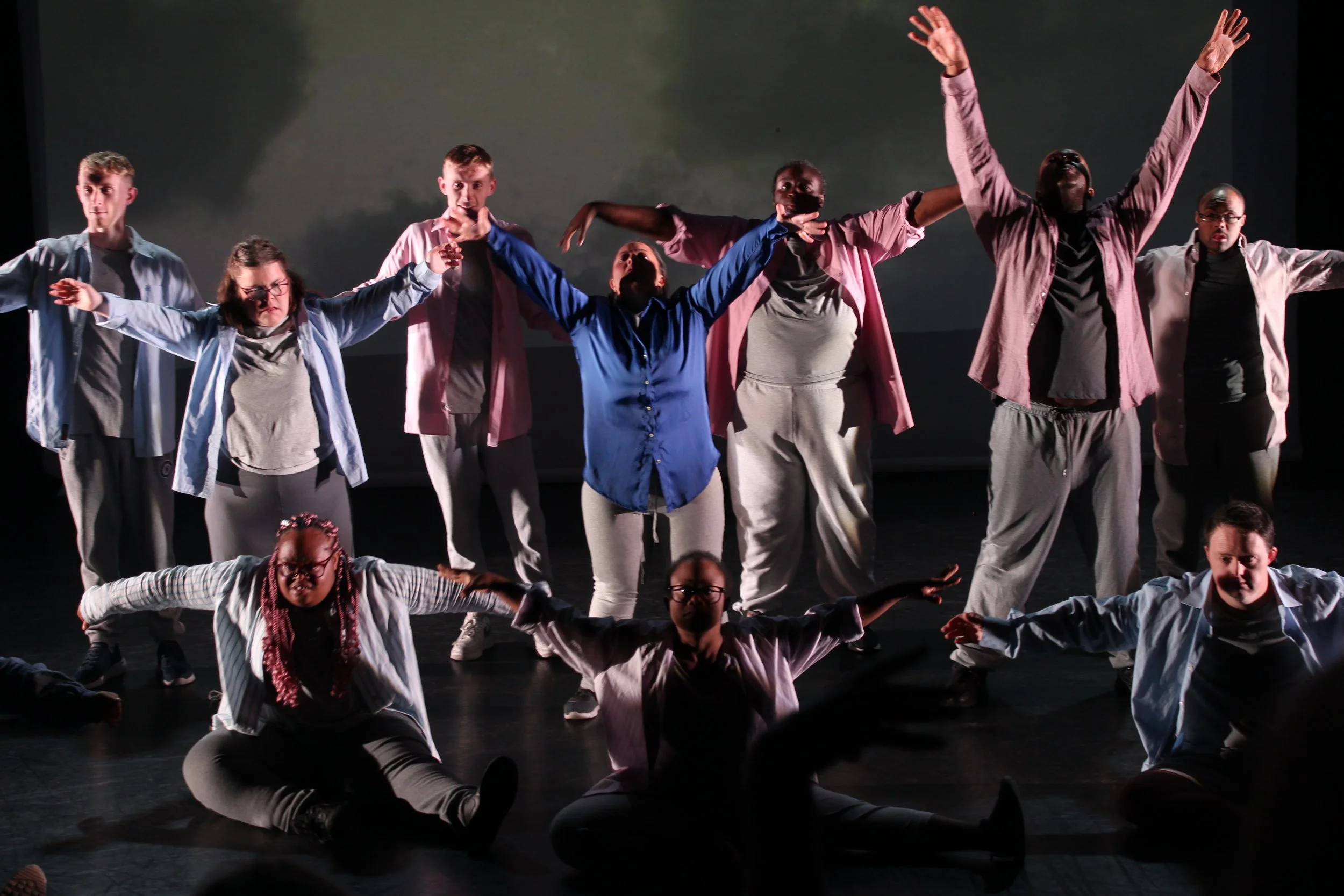 Group of diverse performers on stage with arms extended, some standing and some sitting, participating in a dance performance.