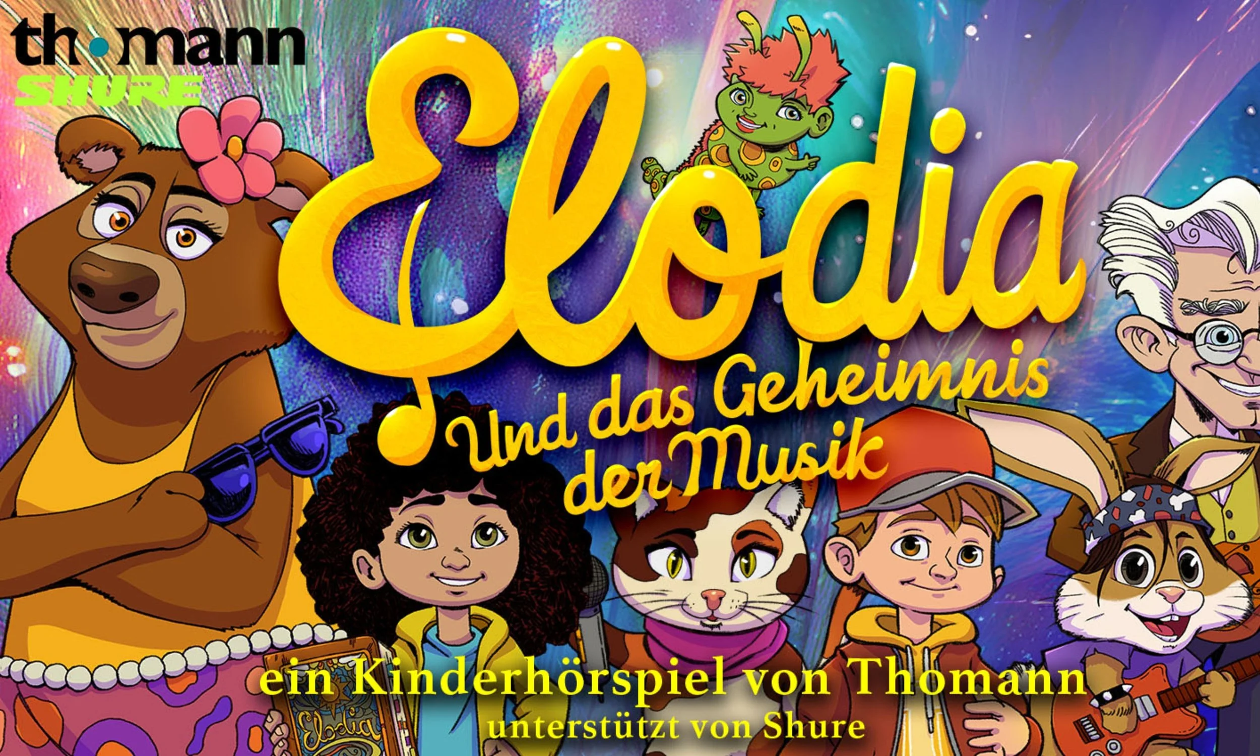 Das Bild zeigt das Cover eines Kinderhörspiels von Thoman mit dem Titel ‚Leona und das Geheimnis der Musik‘. Es ist bunt gestaltet mit cartoonartigen Figuren: Ein Bär trägt eine gelbe Kleidung und hält eine Sonnenbrille, ein Mädchen mit dunklen, lockigen Haaren trägt eine gelbe Jacke, eine Katze mit einem Schal, ein Junge mit braunem Haar, eine Hasenfigur mit Gitarre und eine ältere Person mit weißen Haaren und Brille. Im Hintergrund sind bunte, abstrakte, künstlerische Muster.