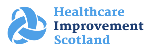 Healthcare Improvement Scotland logo with a blue intertwined ribbon graphic and blue text.