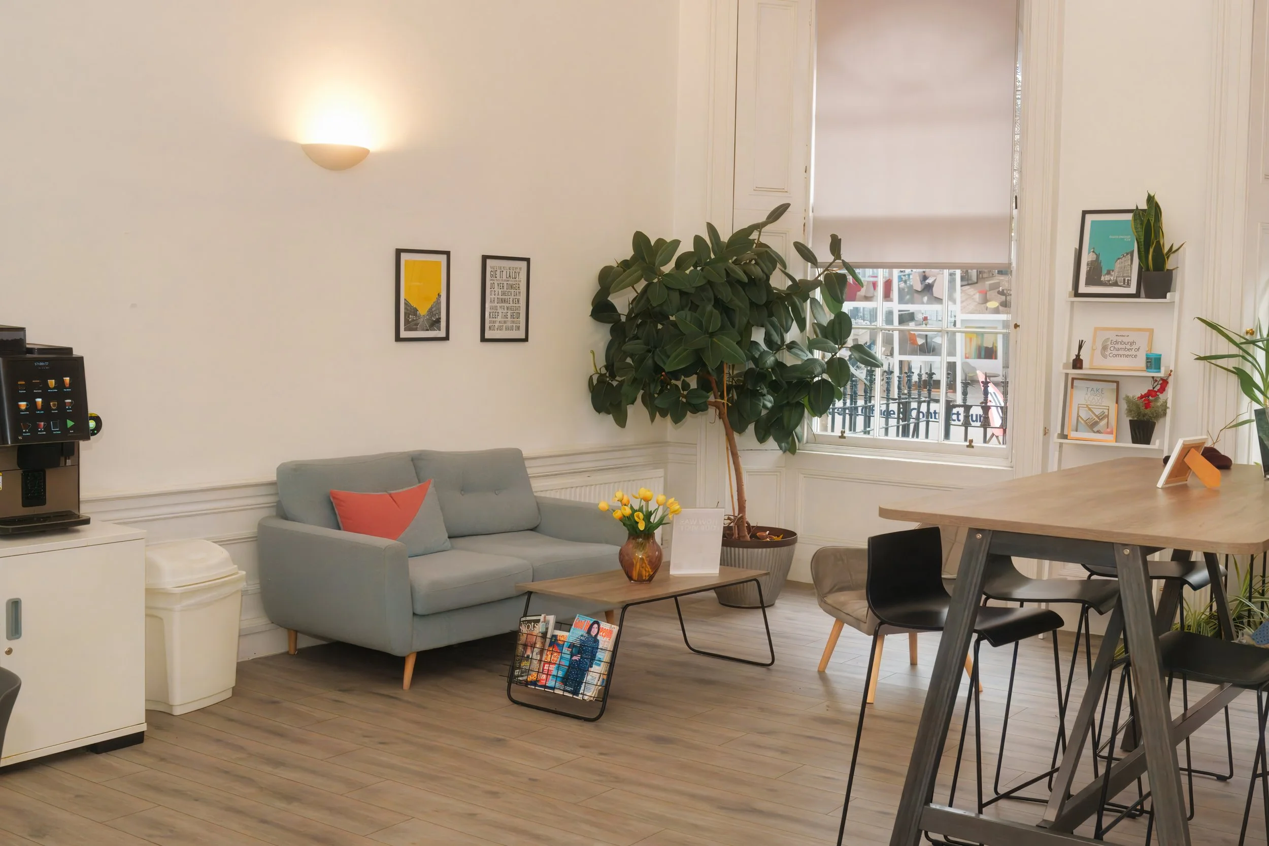 Cozy lounge area with a light blue sofa, a wooden coffee table with a flower vase, and a large potted plant next to a window. There are framed pictures on the wall and a small shelf with decor items. A high table with chairs is visible on the right, and a coffee machine is on the left.