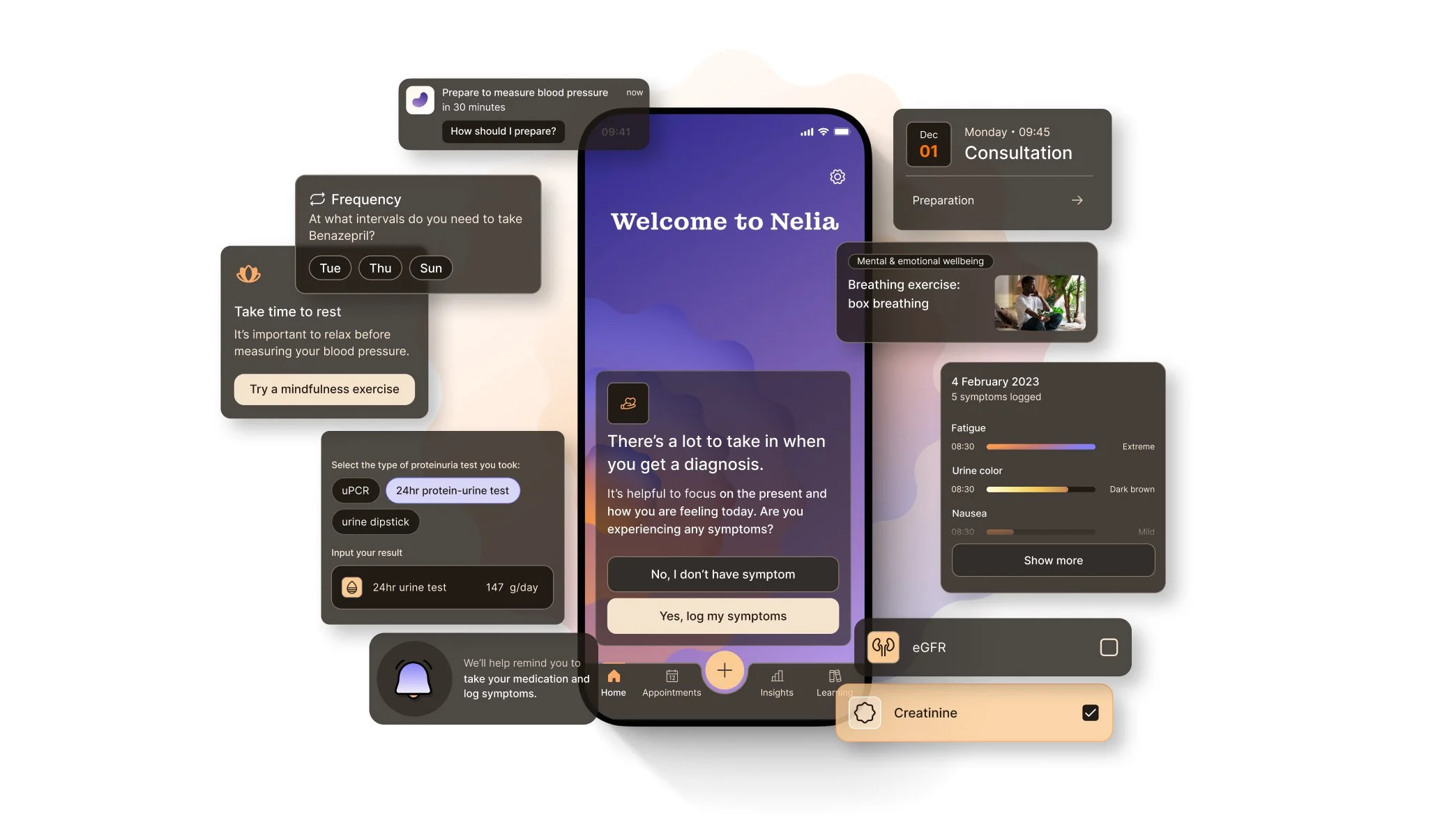 A smartphone with a soft pastel background shows a welcome screen for an app called Nelia. Floating cards around it display simple reminders about resting, tracking symptoms, logging test results, and preparing for appointments.