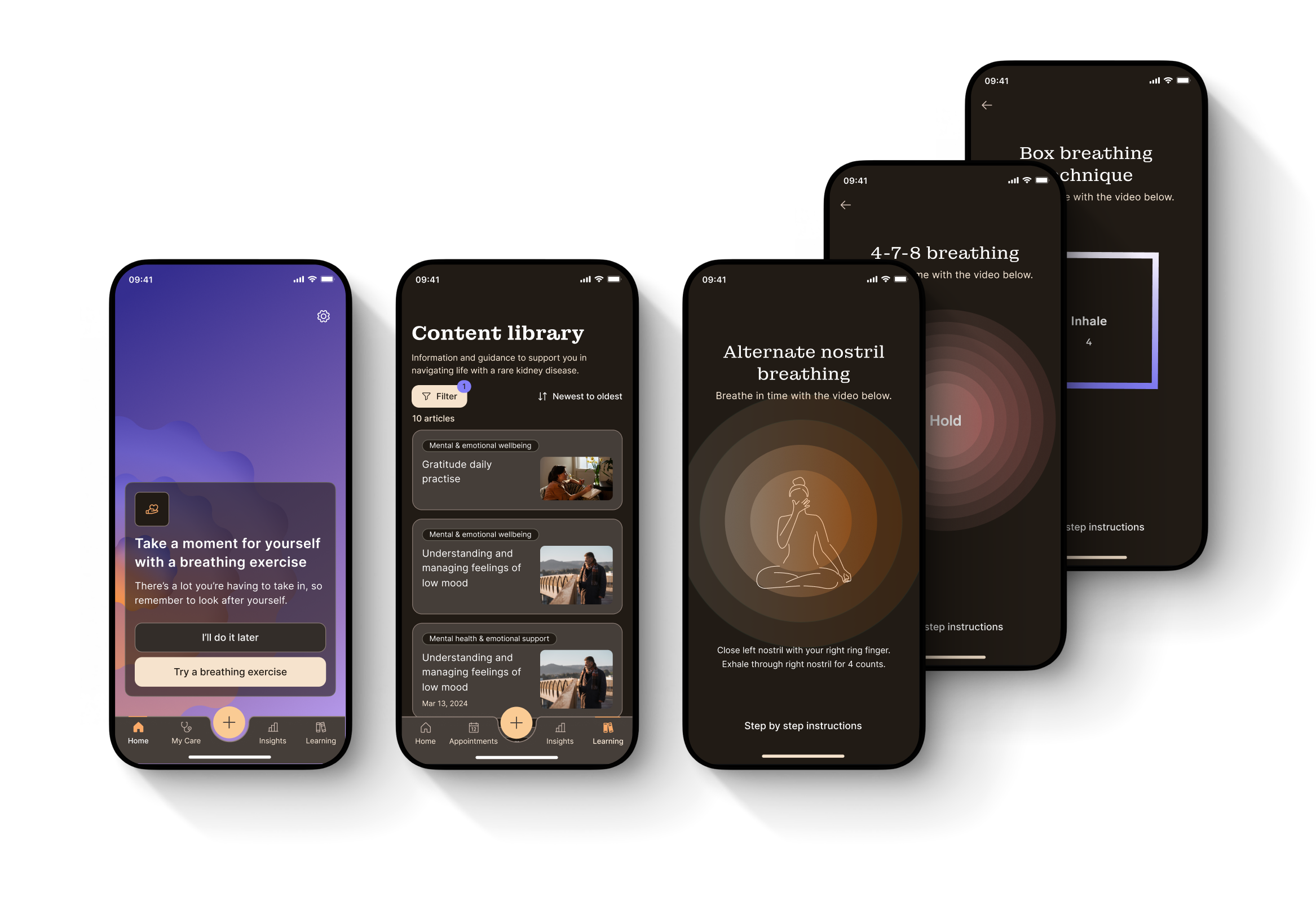 Five screens of notifications, content library and breathing exercises in dark mode.