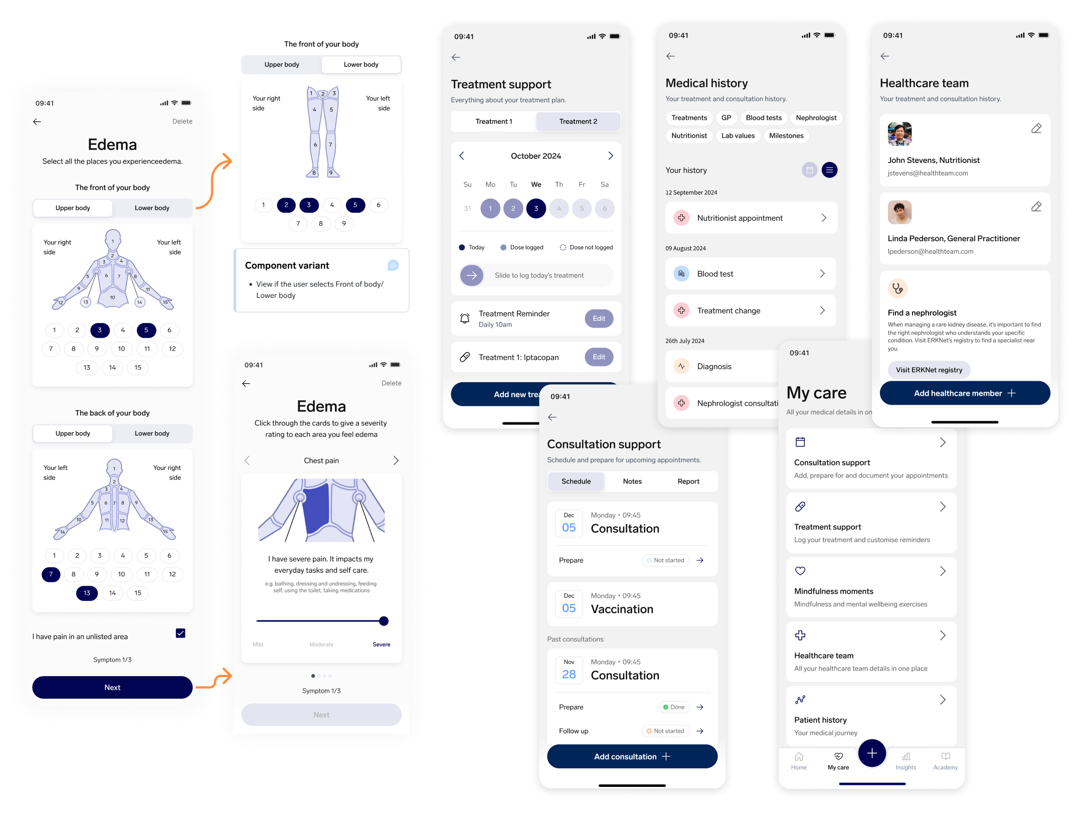 Some rough concept screens of symptom tracking, consultation support and medical history,