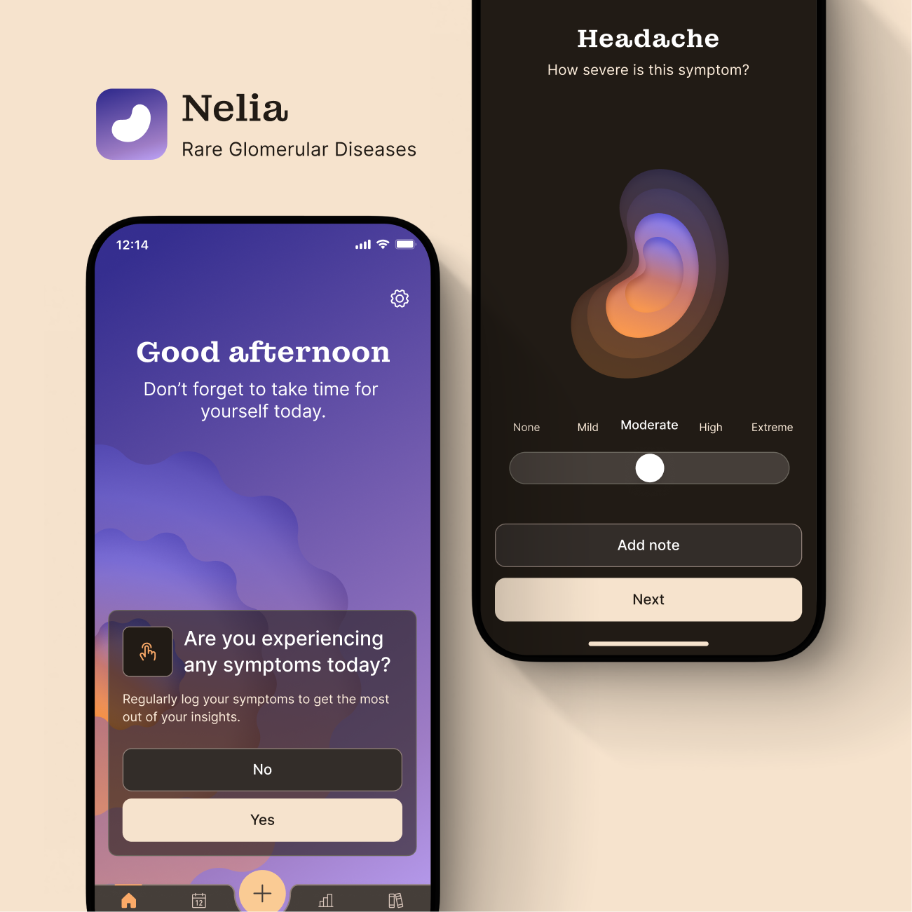 Two phone screens showing Nelia's home screen and the symptom tracking screen float on a beige background. The Nelia logo is in the top left corner.
