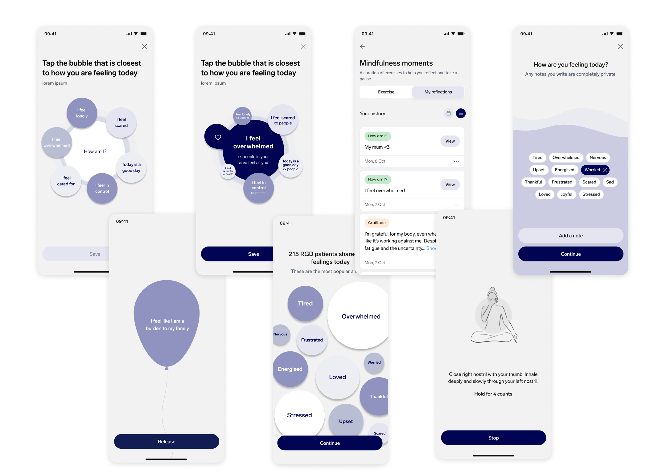 Some concept screens of mindfulness exercises.