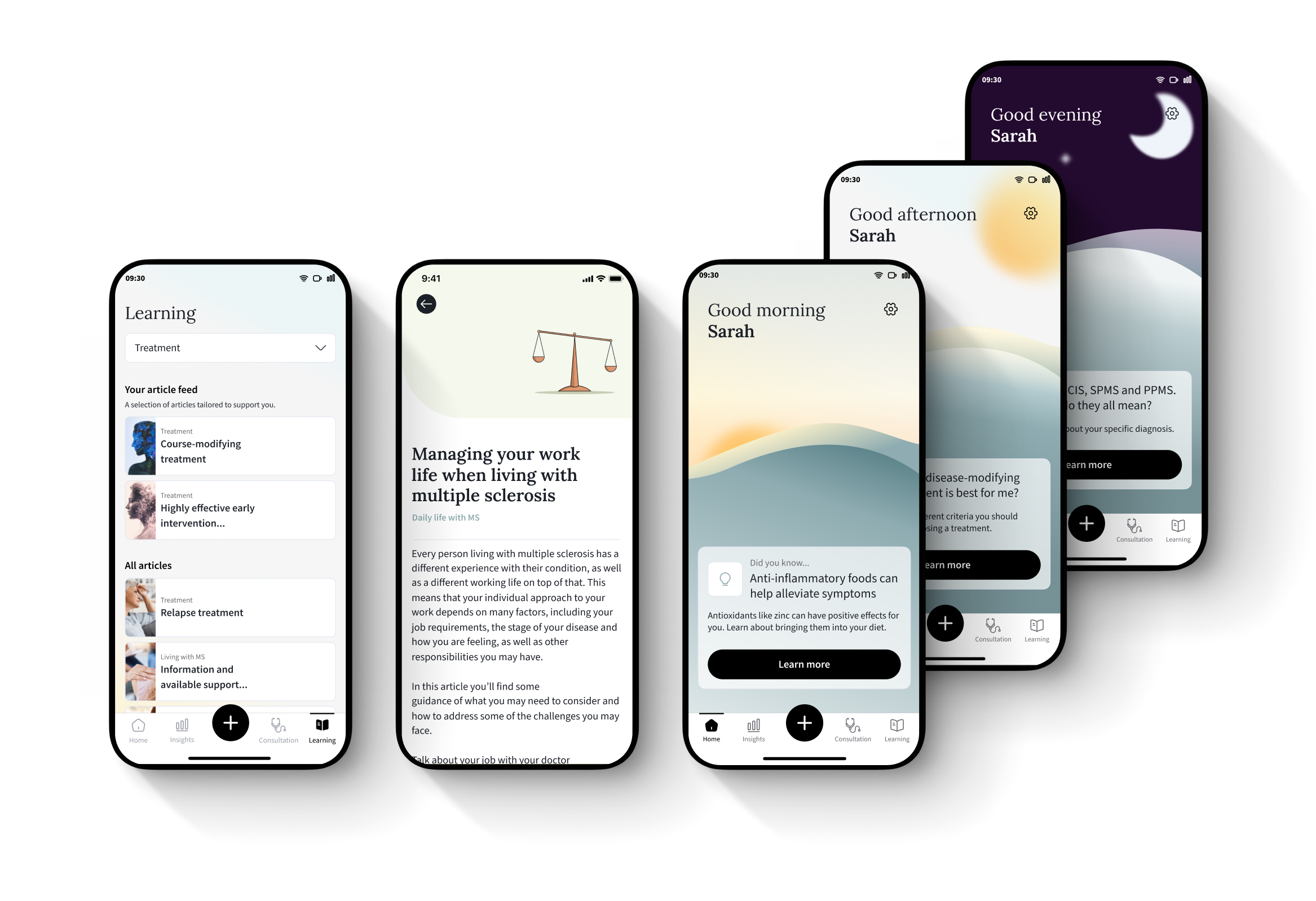Five screens showing a content library, an open article and homescreens with personalised information tips.