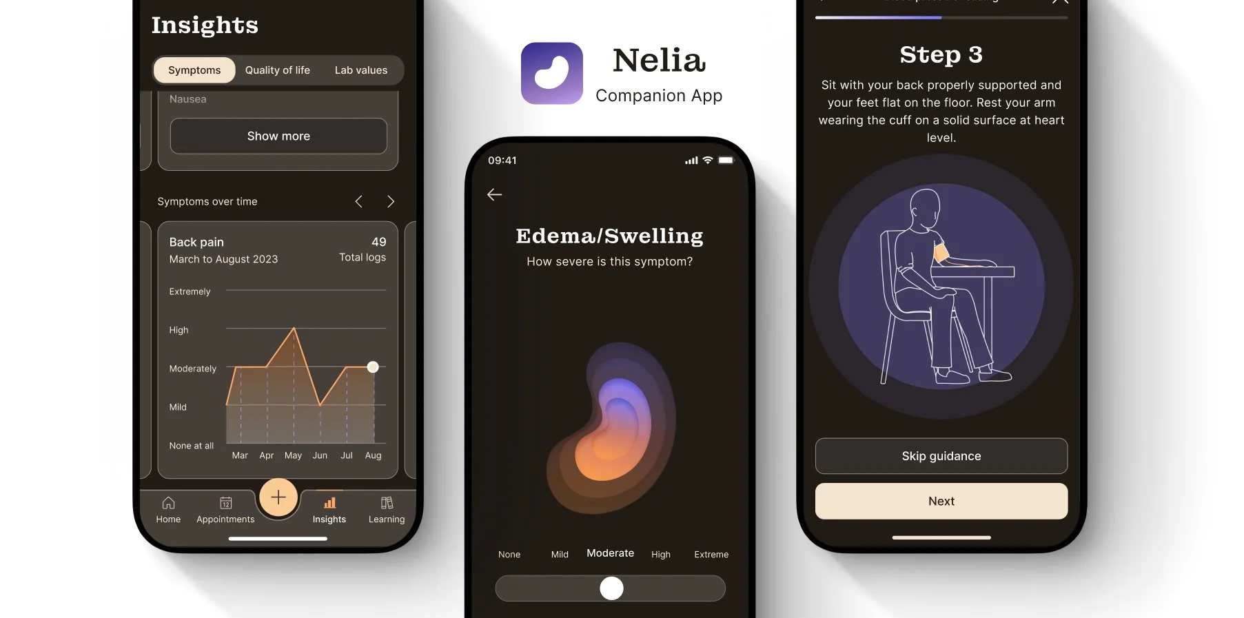 Three phone screens showing a kidney health app. The first screen shows data insights. The second screen shows a severity rating scale for swelling. The third screen shows an illustration of someone measuring blood pressure.