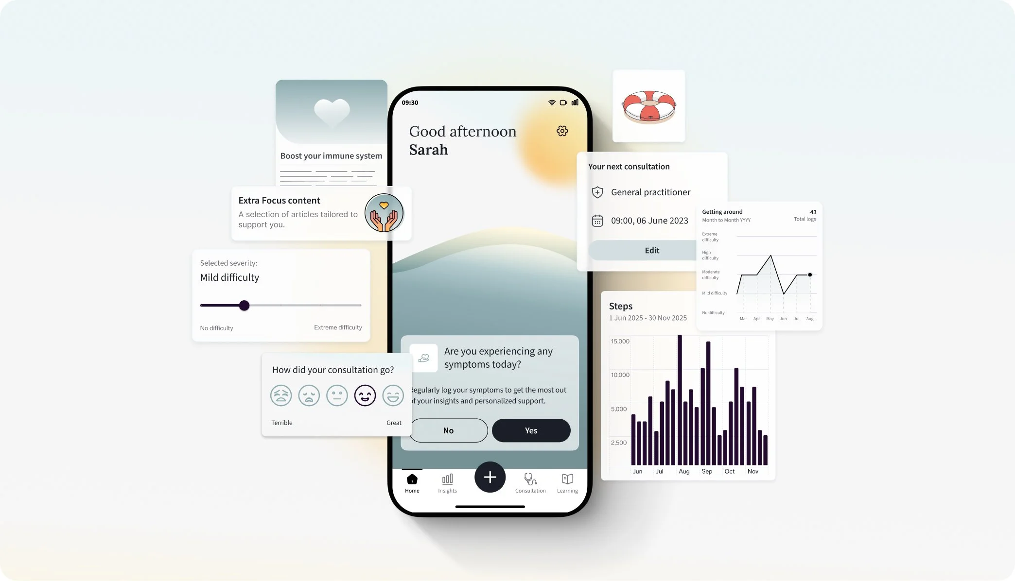 A smartphone with a soft pastel background shows a welcome screen for an app called Nelia. Floating cards around it display simple reminders about resting, tracking symptoms, logging test results, and preparing for appointments.
