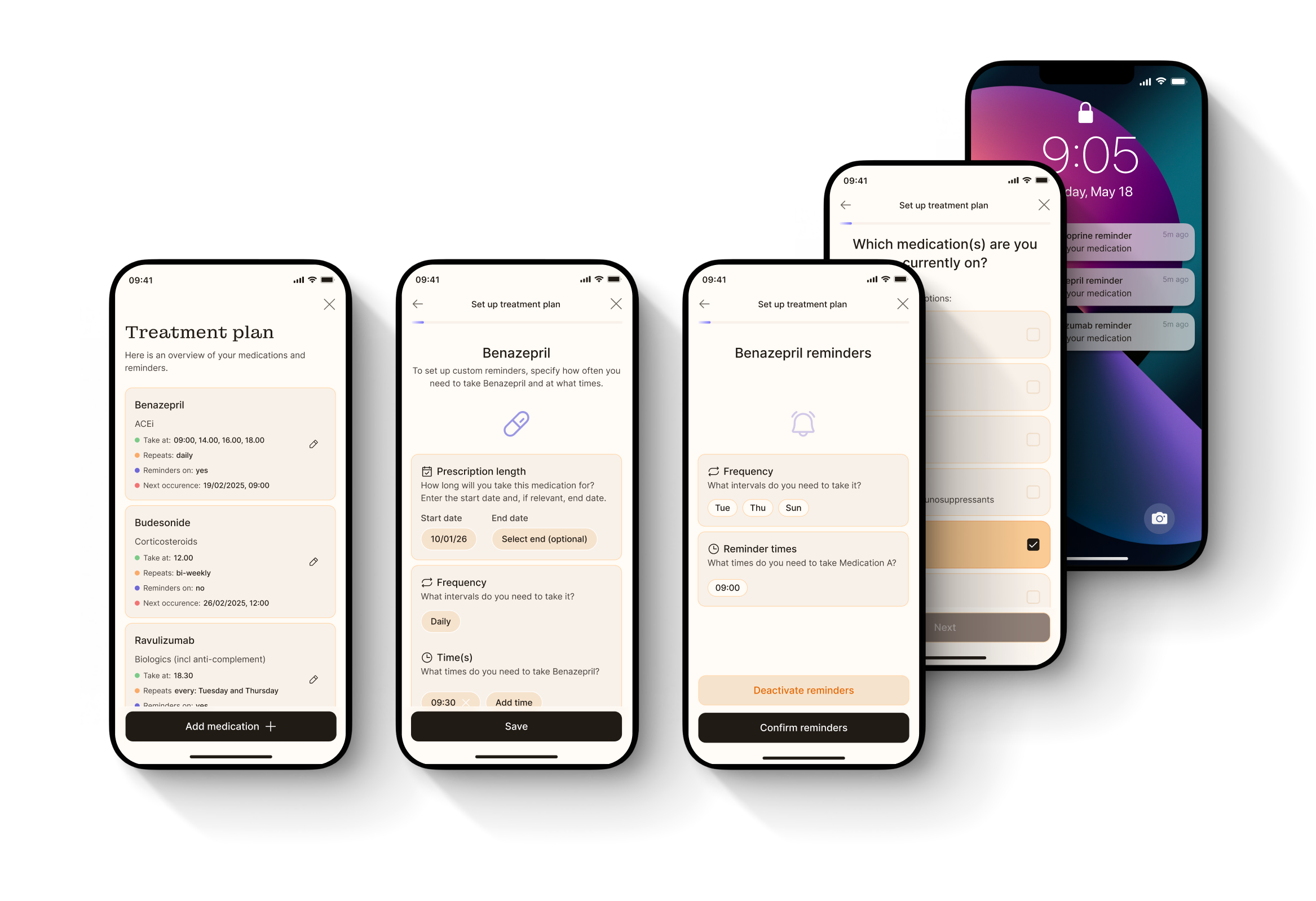 Five screens of treatment plan, scheduling and reminders in light mode.