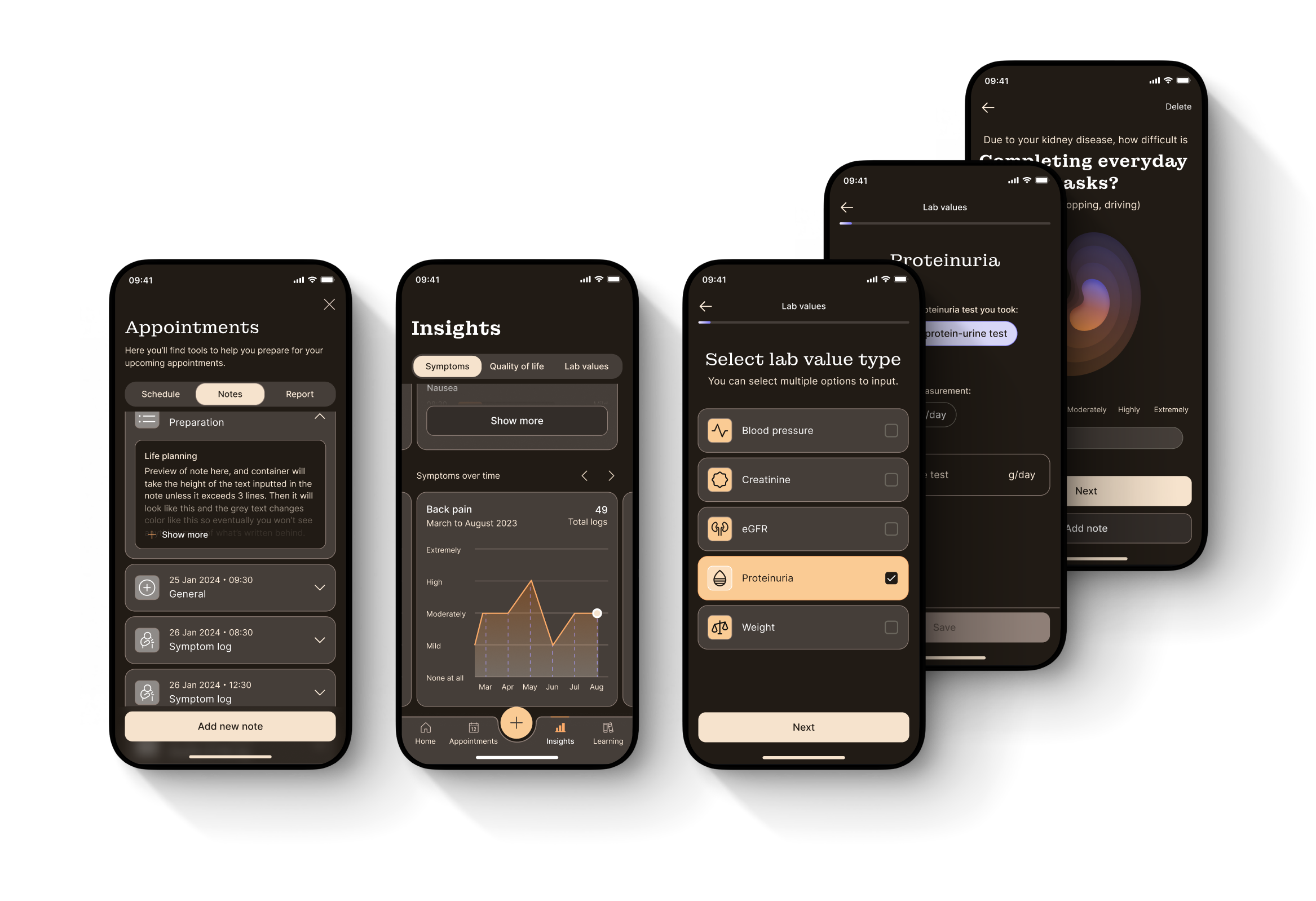 Five phone screens of preparation notes, data visualisation and health tracking in dark mode.