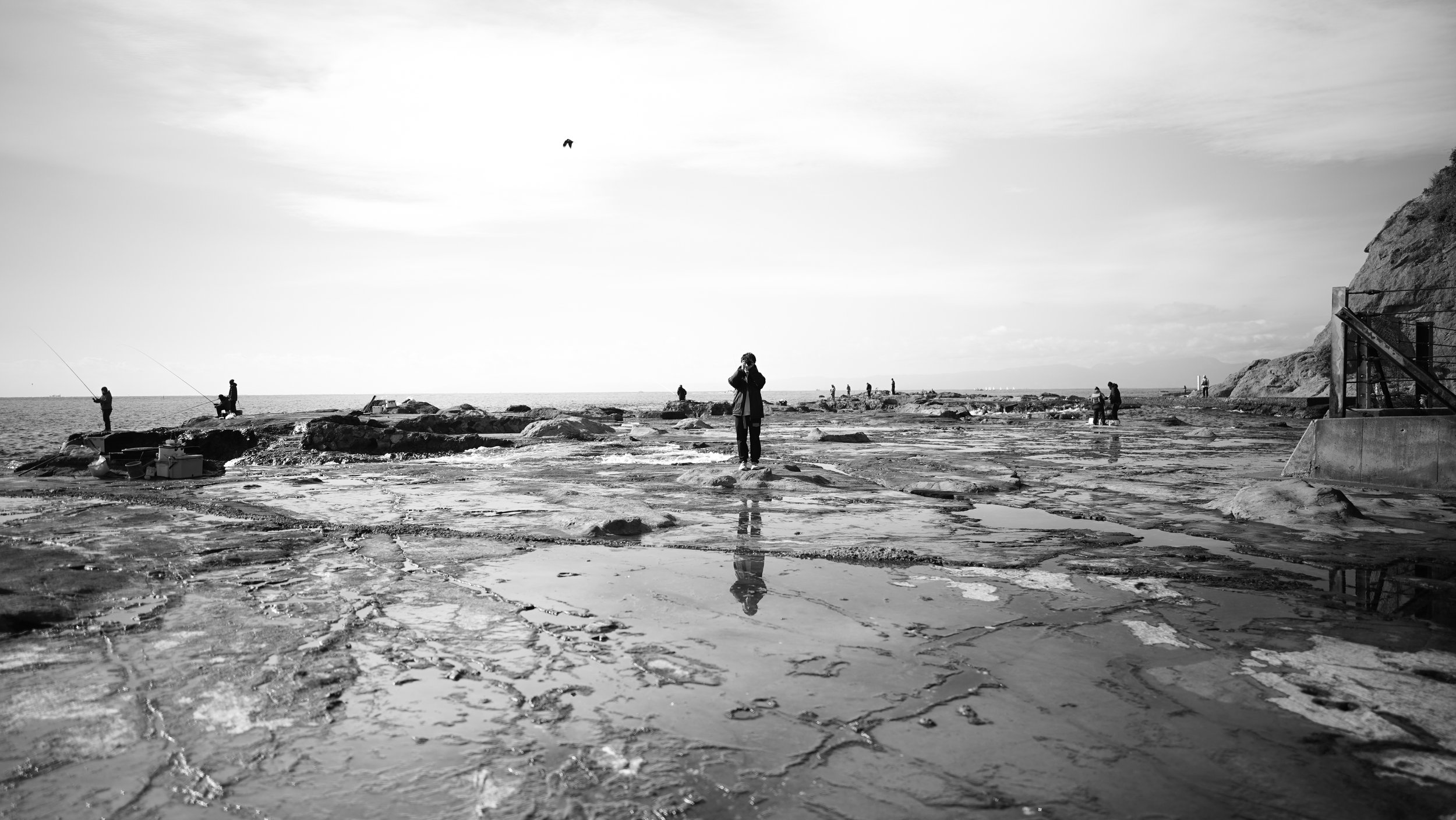 海辺で釣りをする人々と風景。中央に人が立ち写真を撮っており、多くの他の人々が岩や浜辺で釣りをしている。海と空が広がるシーンで、岩場と海水の反射が見える。