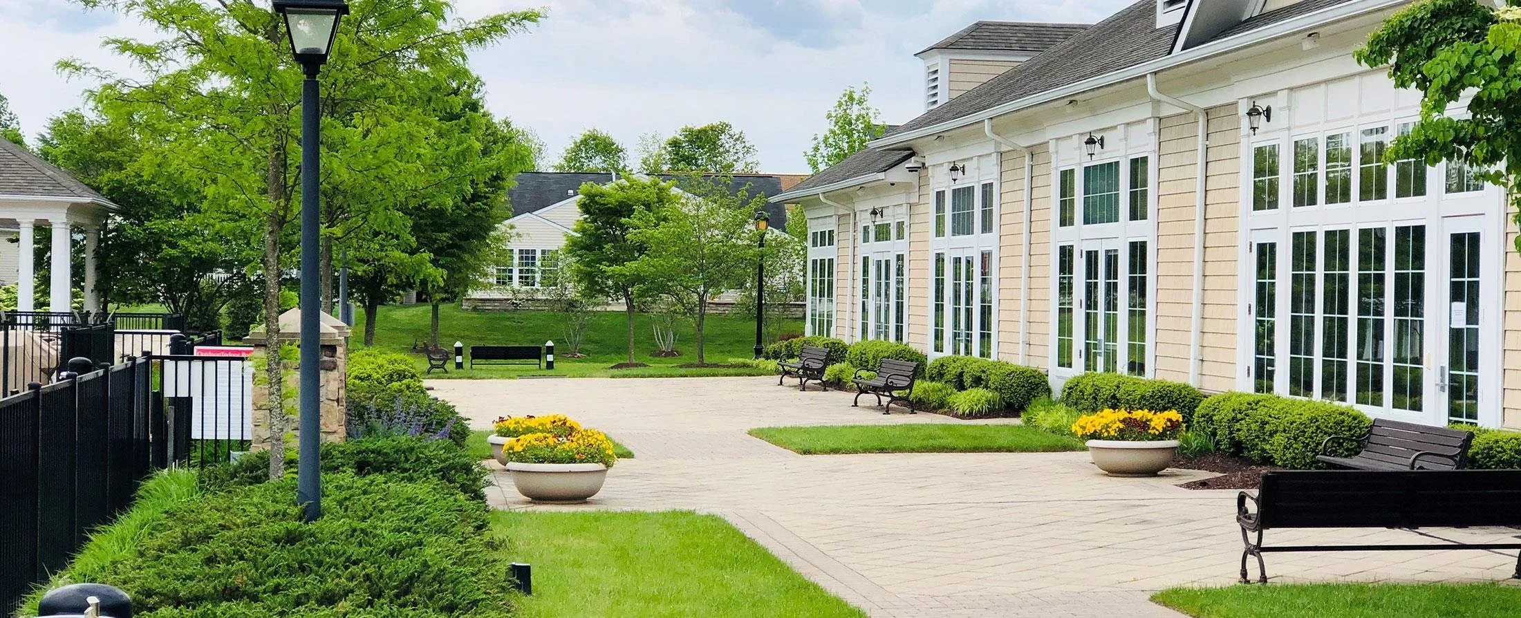 Outdoor residential patio and landscaped seating area