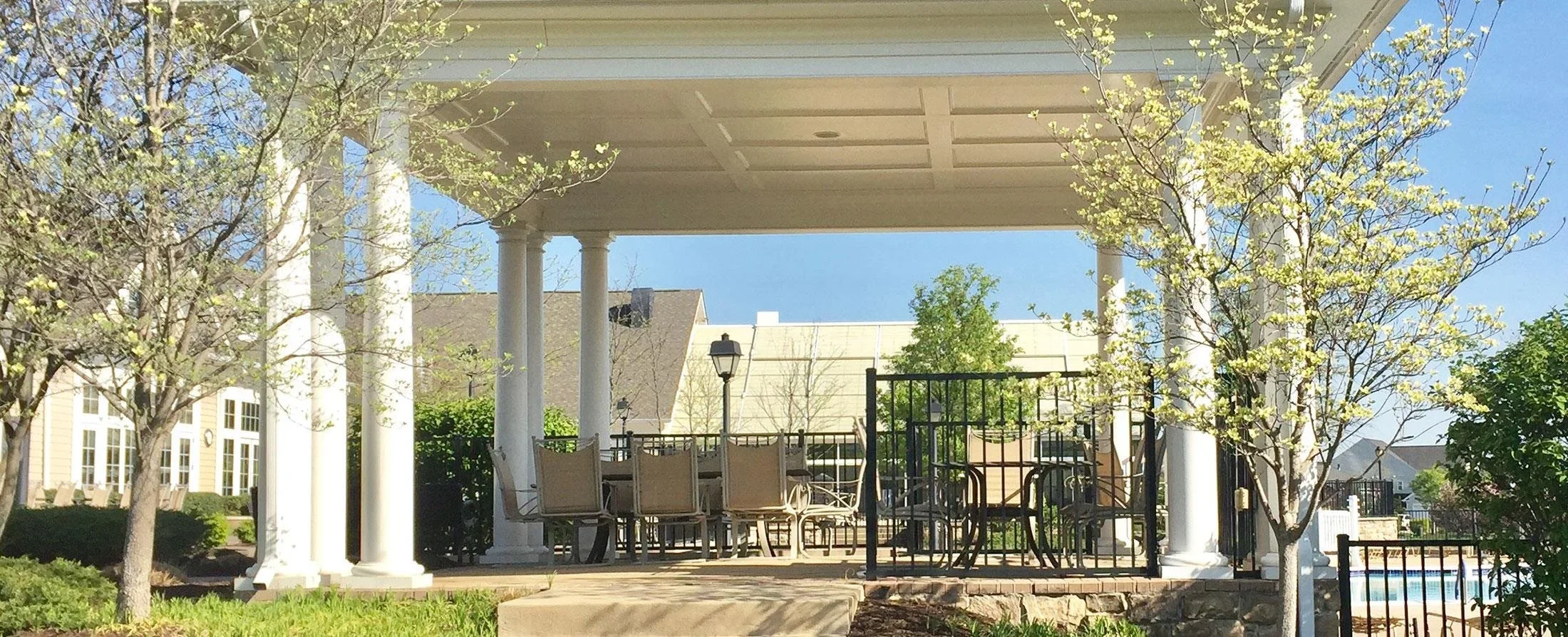 Outdoor clubhouse patio and seating area