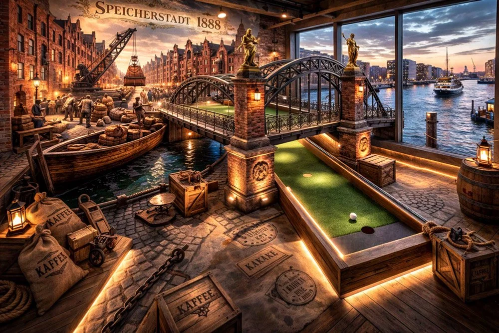 Innenraum eines gemütlichen, nautisch inspirierten Mini-Golfplatzes mit einem Wasserkanal, Brücke, Schiffsdekorationen, Stadtansicht mit Wasser und Booten im Hintergrund, und Holz- und Leuchtdetails.