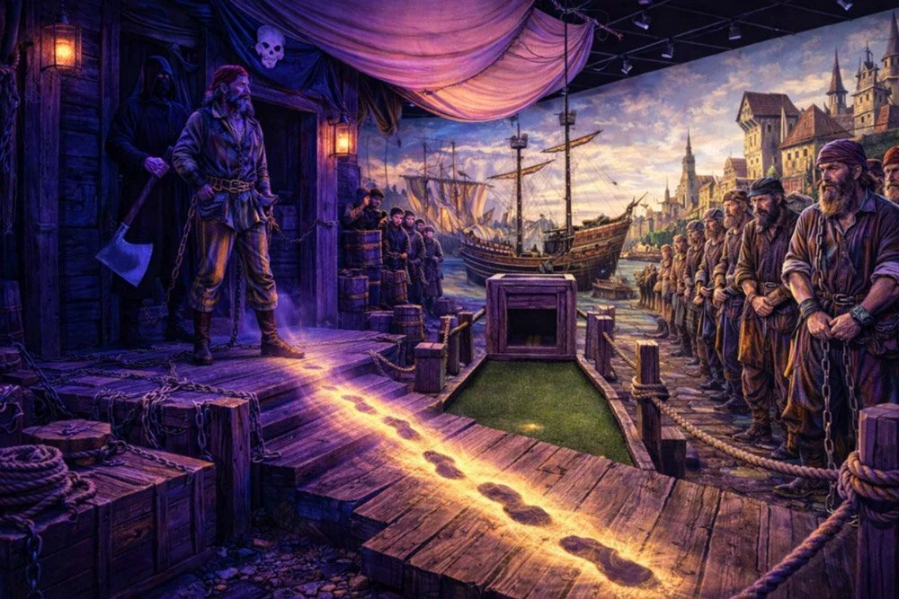 Die Störtebeker Attraktion mit Piratenfiguren, ein Piratenschiff im Hafen und eine Warteschlange von Besuchern auf einem Pier. Eine besondere Minigolfbahn.